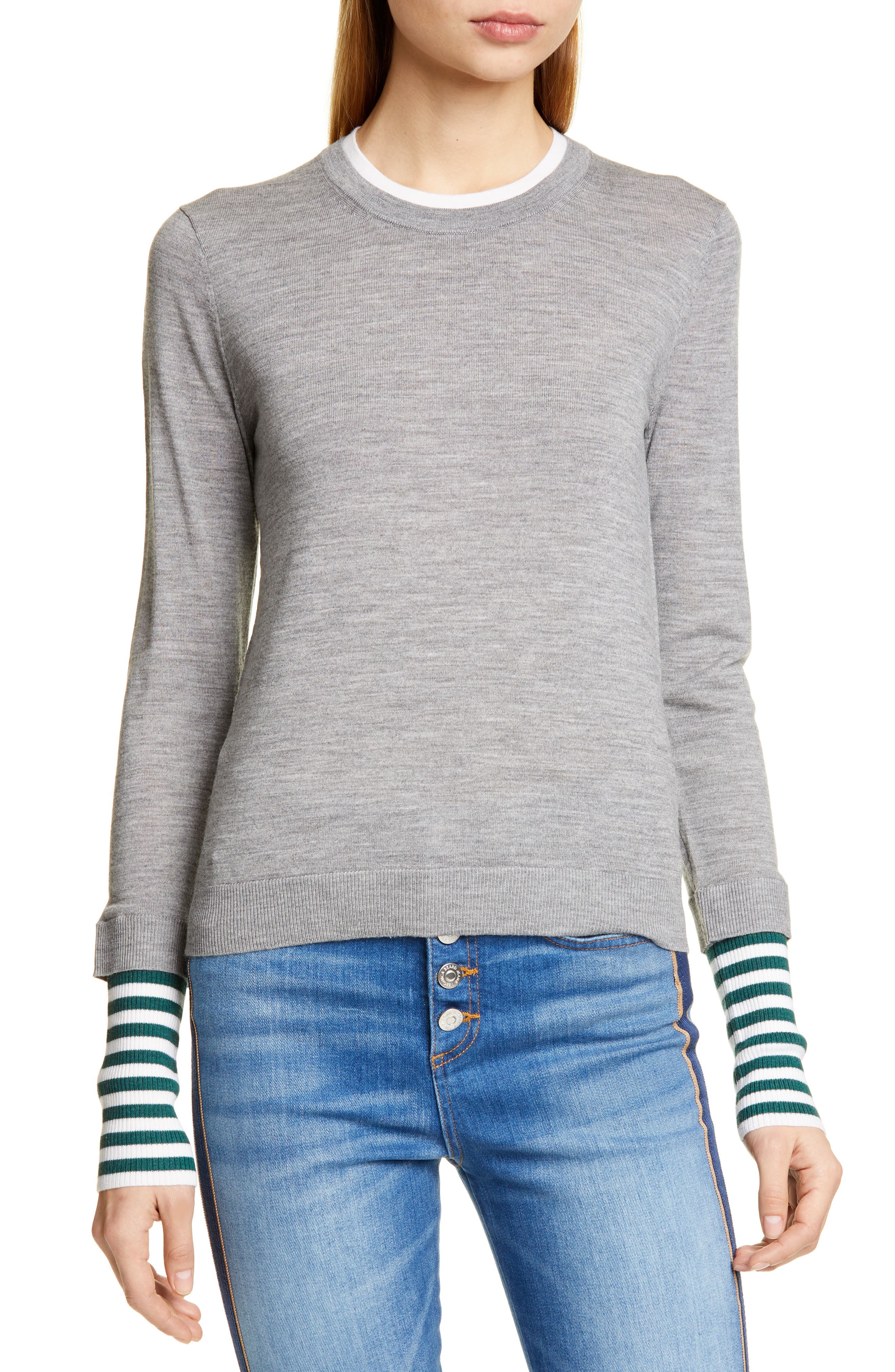 Veronica Beard Avory Contrast Cuff Merino Wool Sweater, Grey