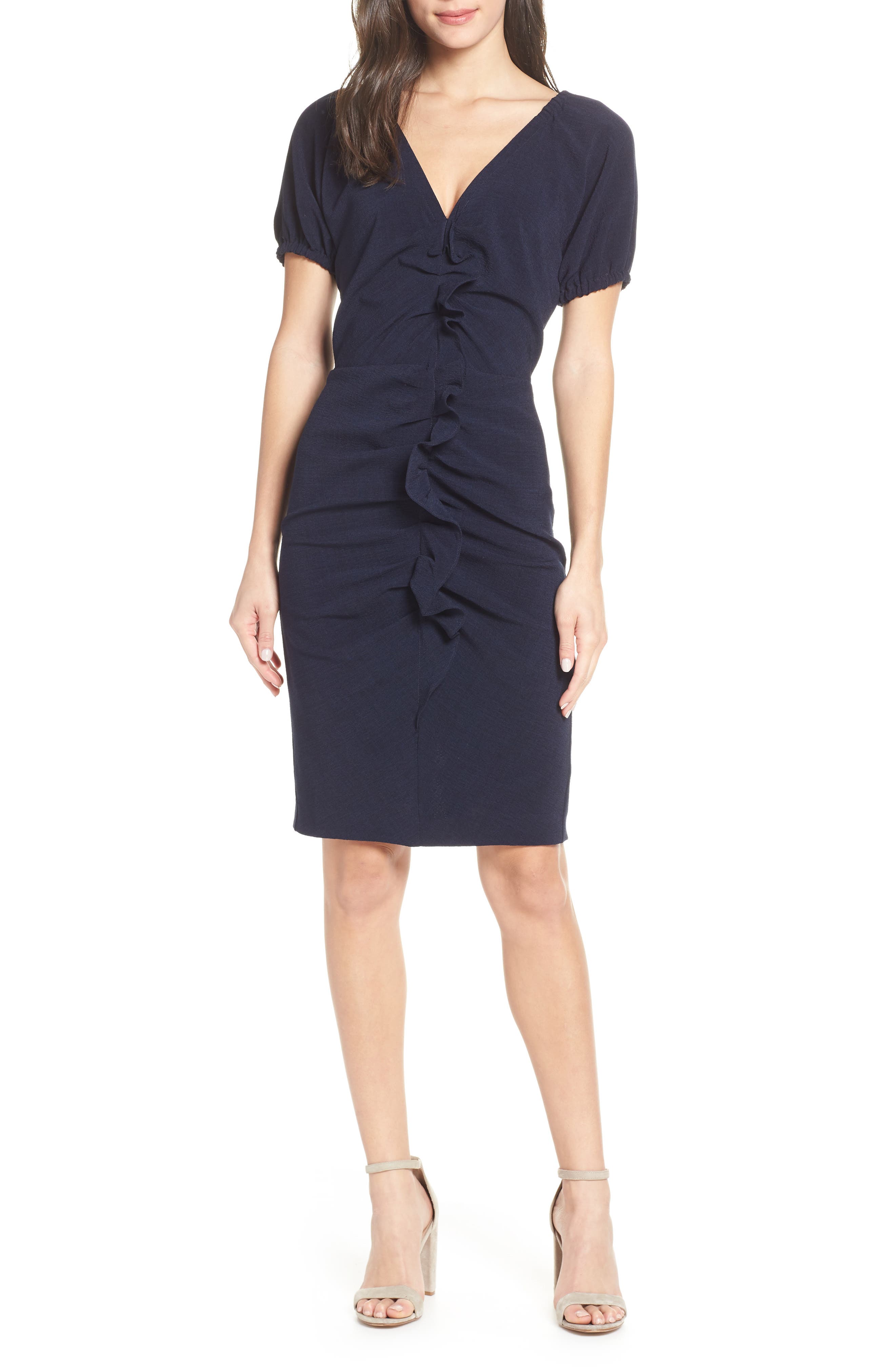 Petite Chelsea28 Ruffle Front Sheath Dress, Blue