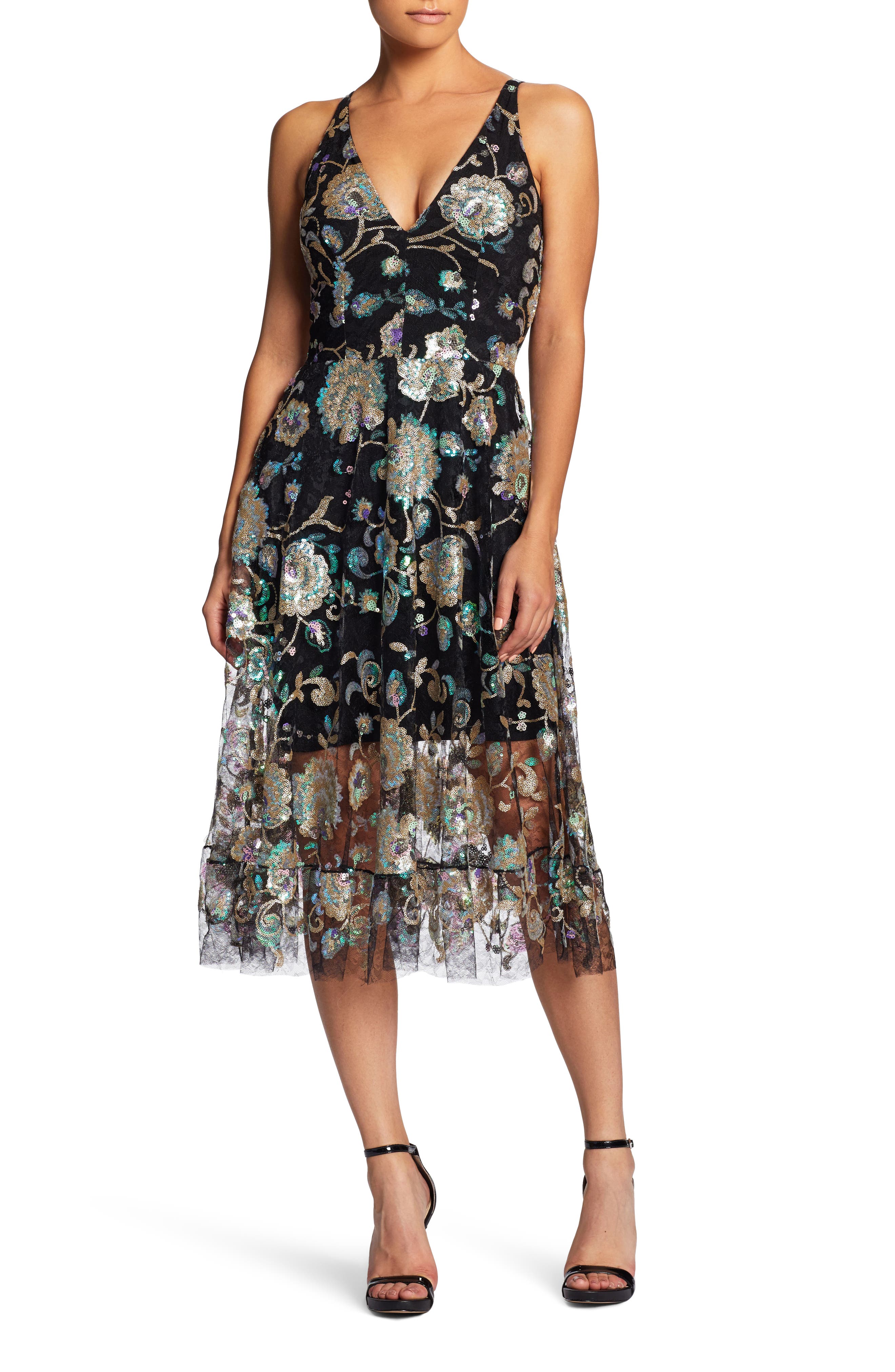 Dress The Population Audrey Sequin Embroidered Midi Dress, Black