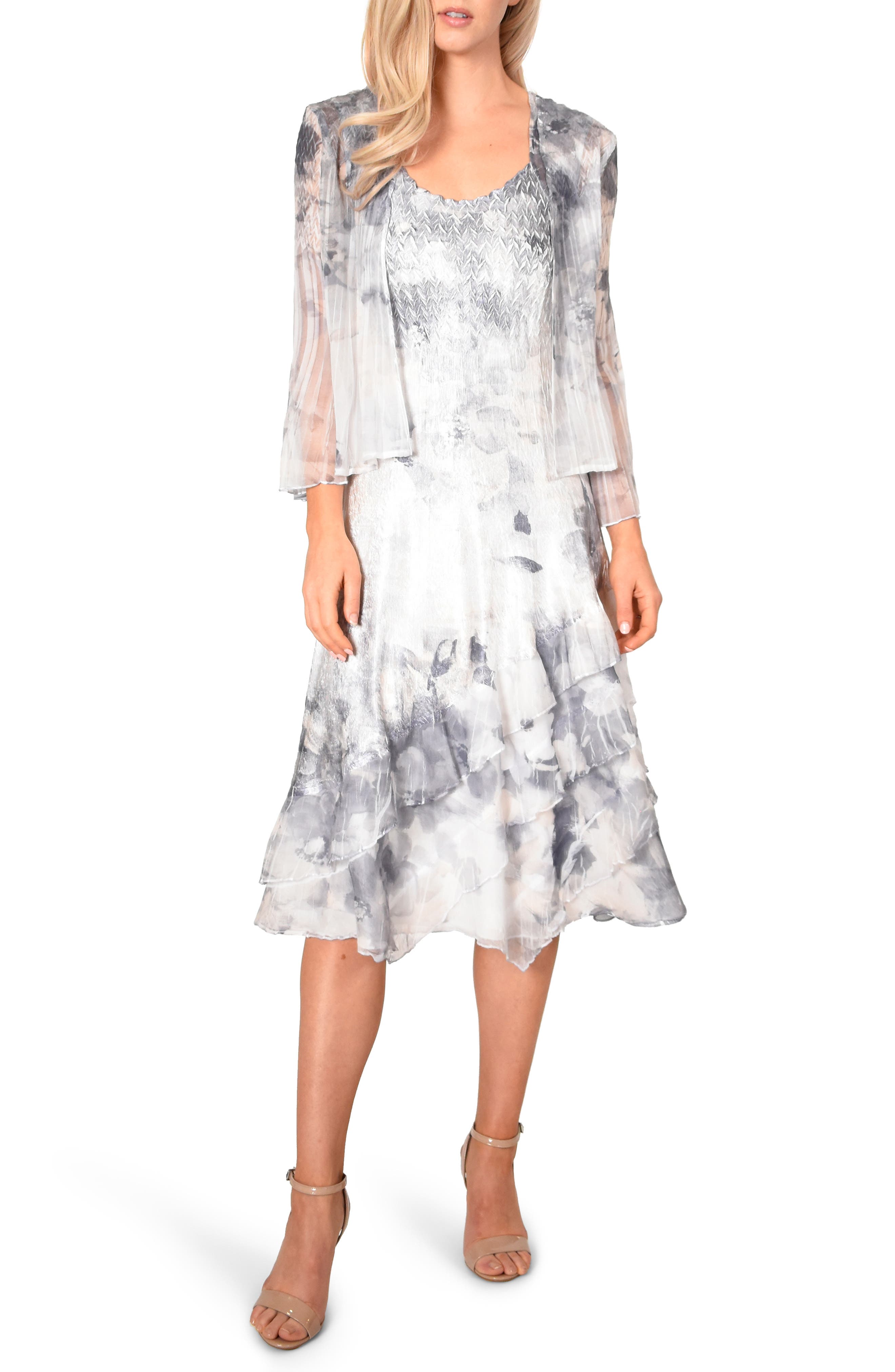 Petite Komarov Floral Charmeuse & Chiffon Dress With Jacket, Ivory