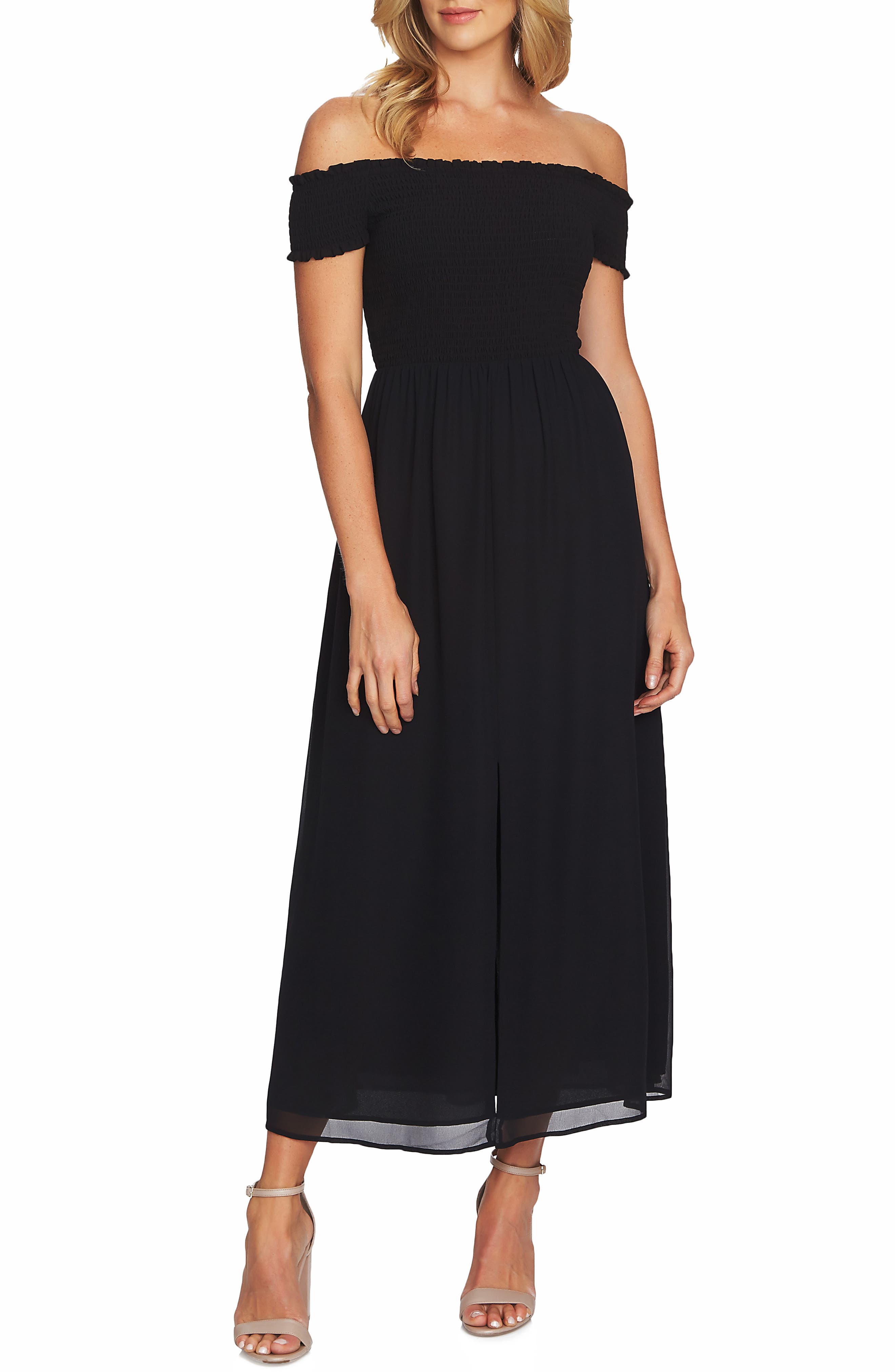 Cece Off The Shoulder Smock Detail Maxi Dress, Black