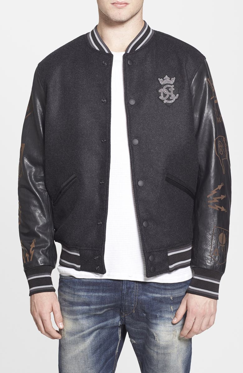 Sel L Petro Wool Blend Varsity Jacket With Leather Sleeves Sel L Petro Wool Blend Varsity Jacket With Leather Sleeves