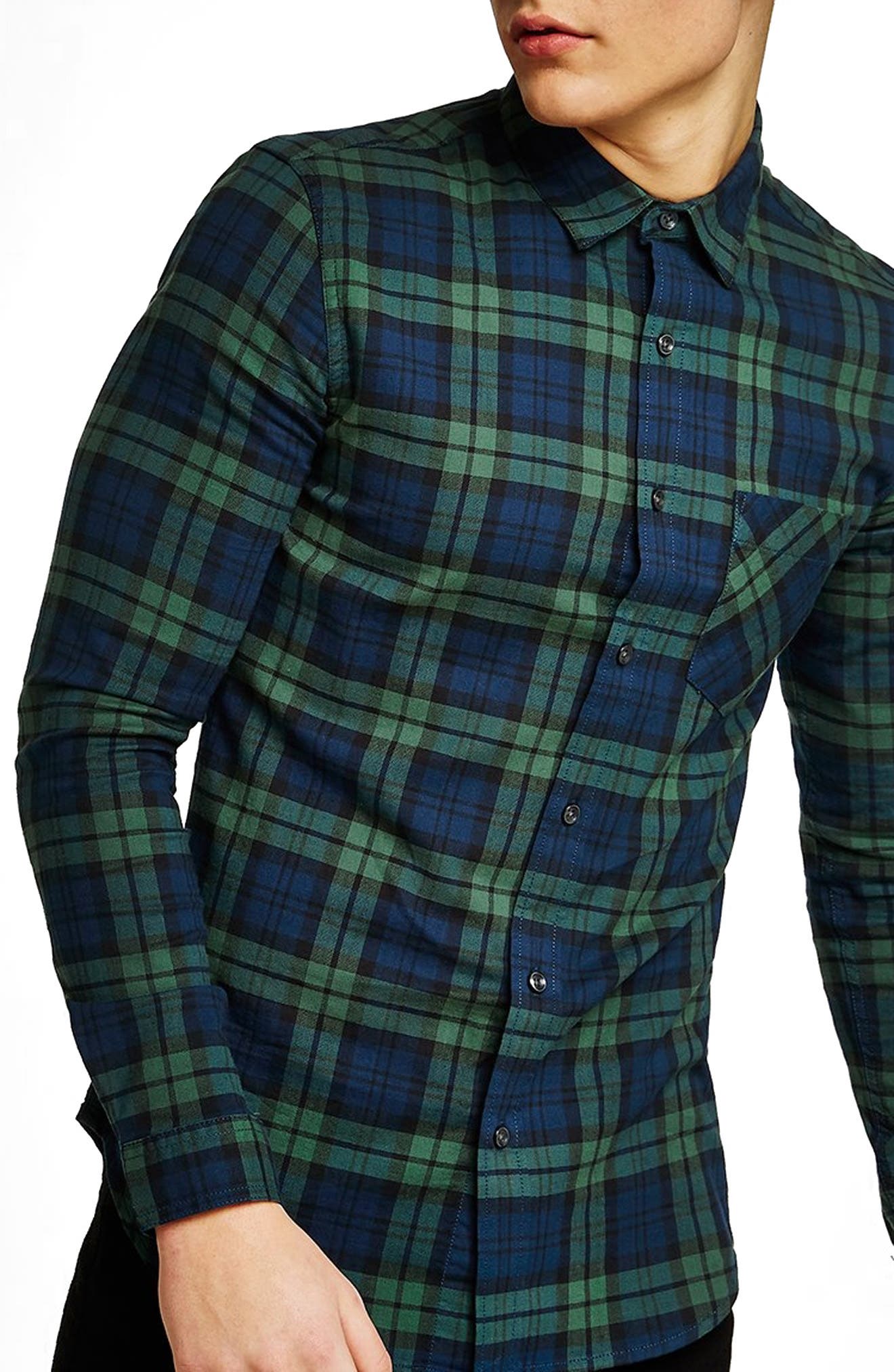 Topman Muscle Fit Black Watch Plaid Shirt Nordstrom