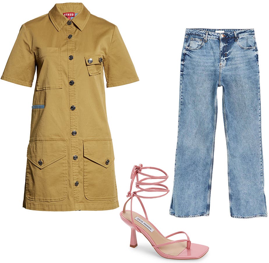 An outfit collage consisting of a cargo dress, wide-leg jeans and strappy pink heels.