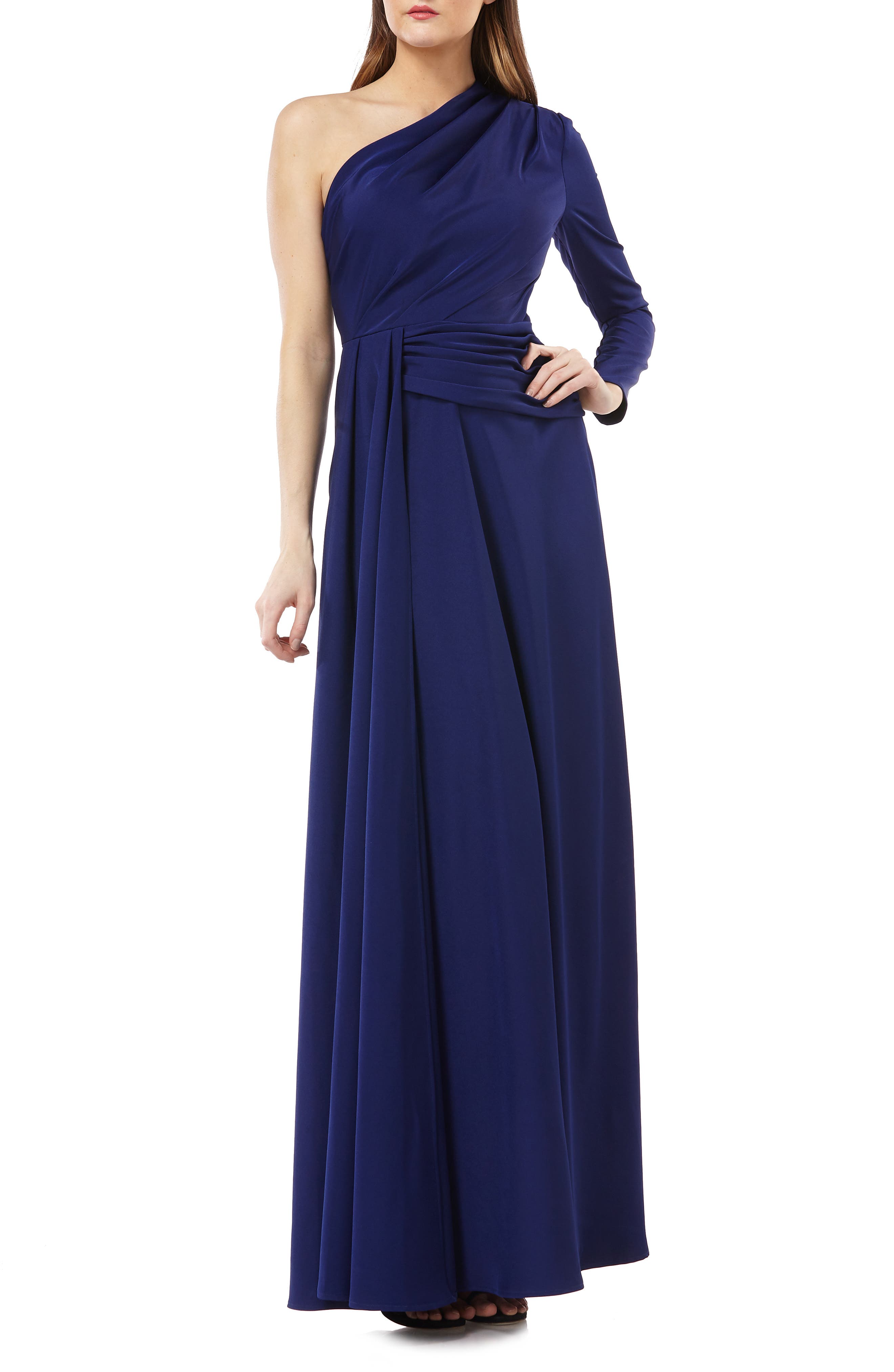 Kay Unger One-Shoulder Faille Gown, Blue
