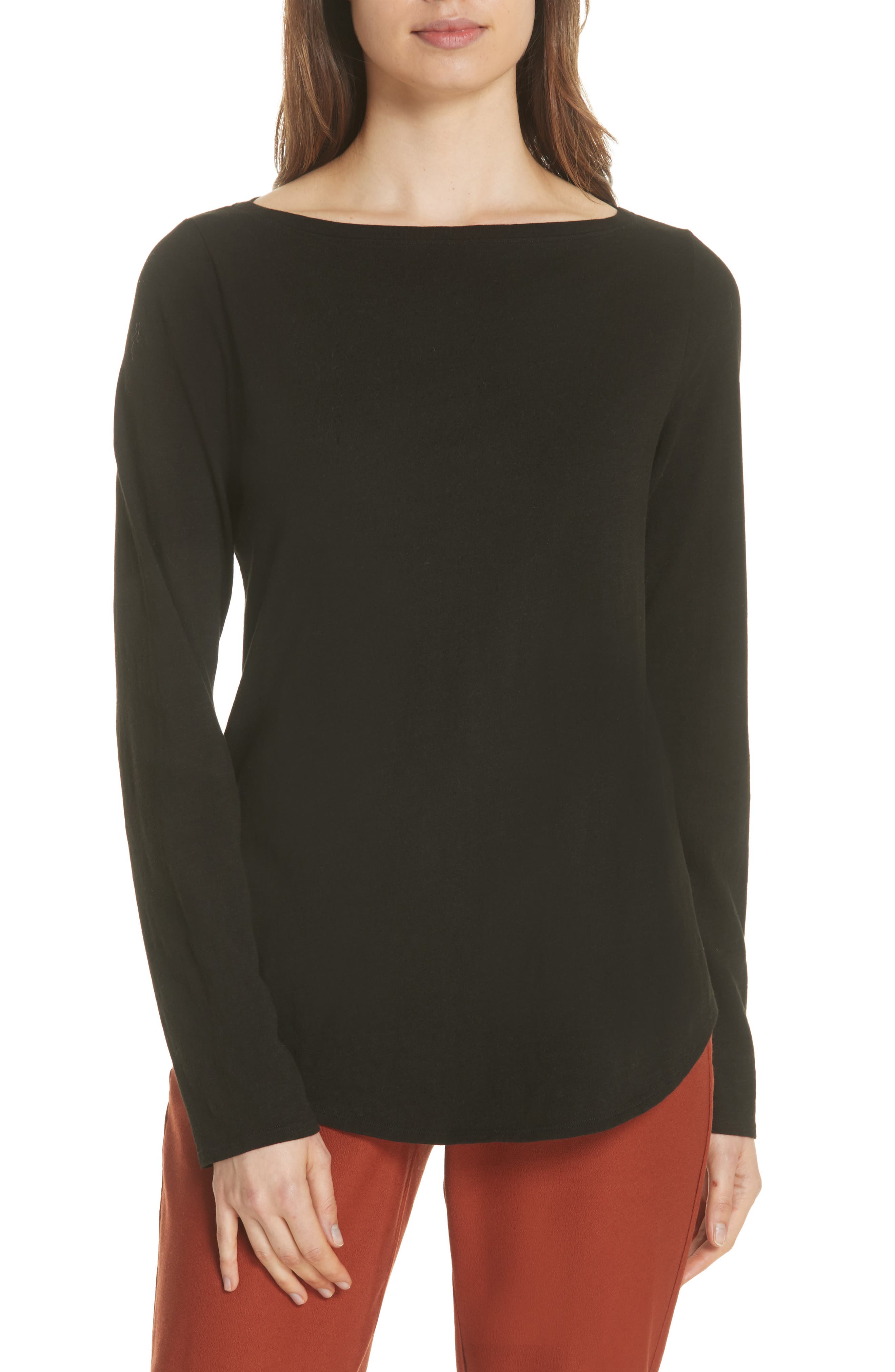 Eileen Fisher Bateau Neck Organic Cotton Tee, Black