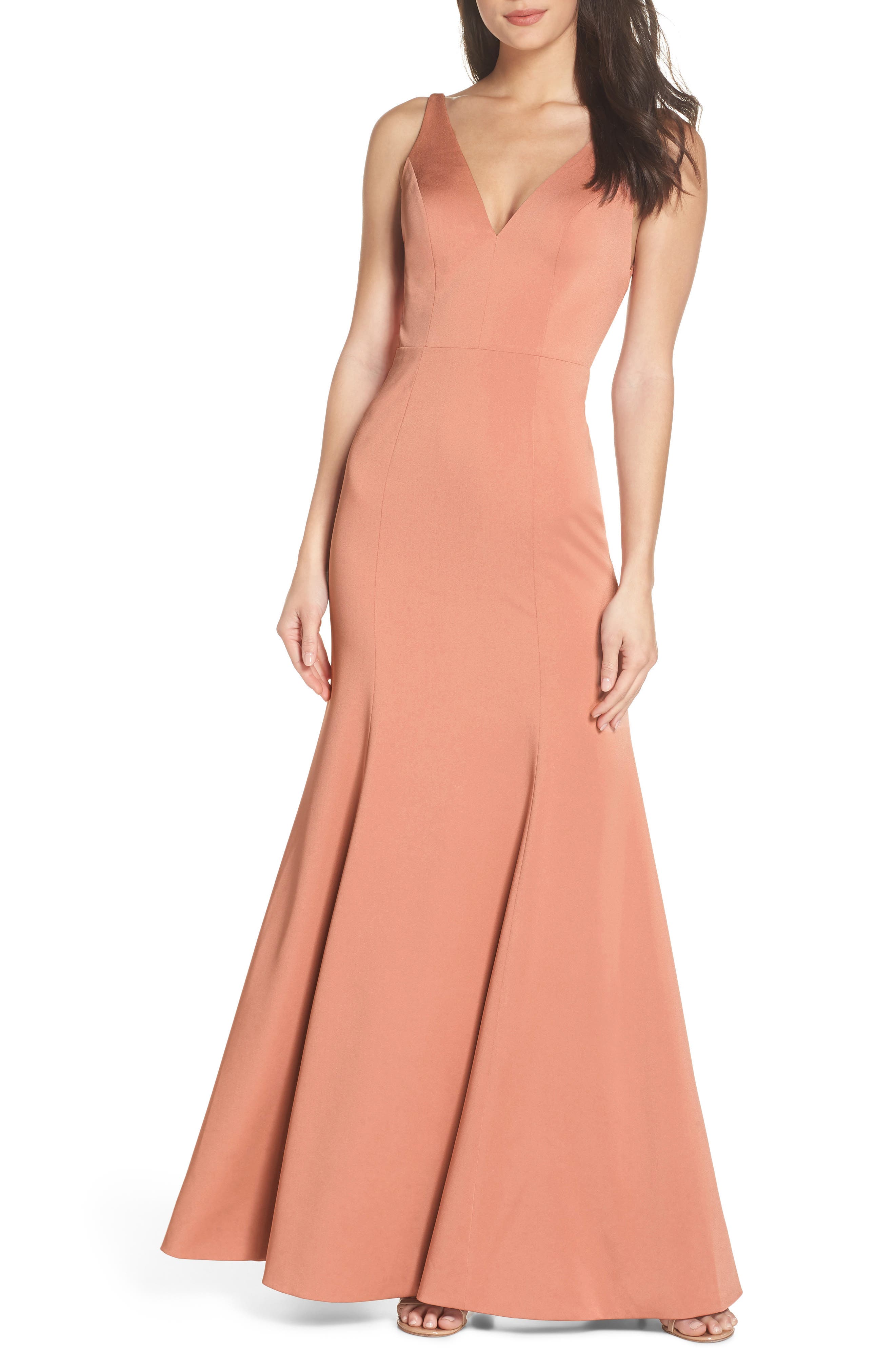 Jenny Yoo Jade Luxe Crepe V-Neck Gown, Pink
