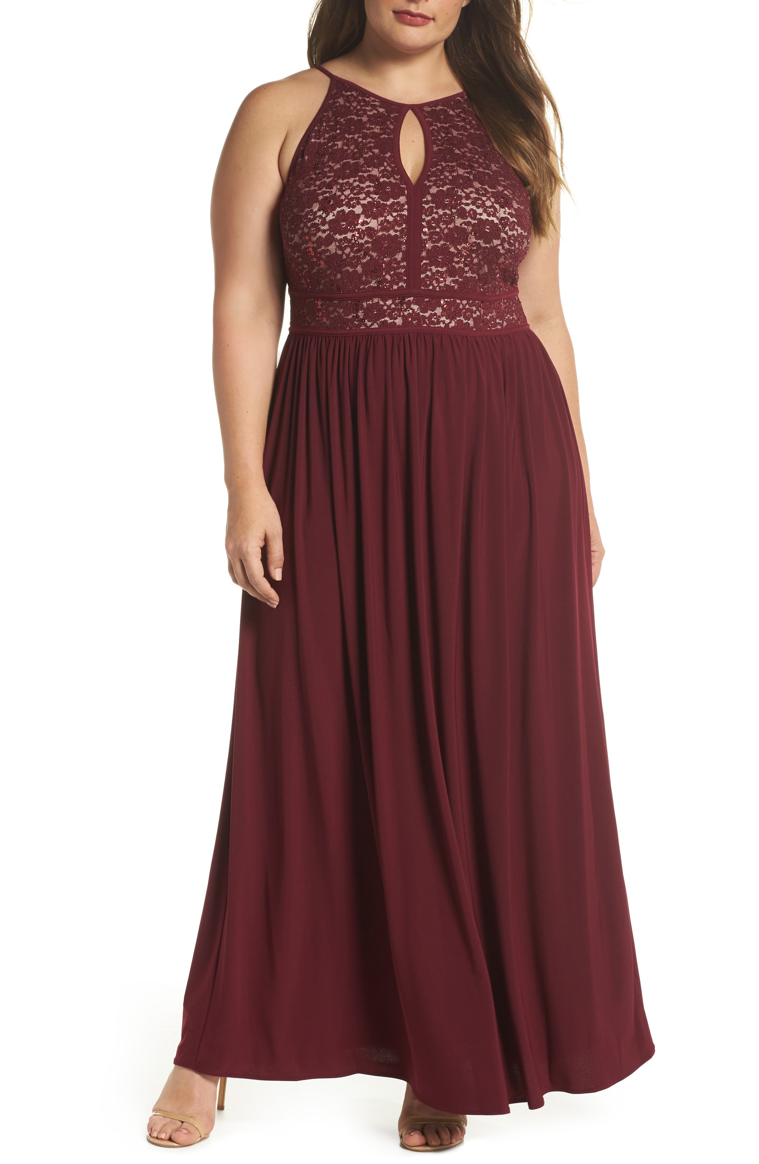Plus Size Morgan & Co. Lace Pleated Gown, Red