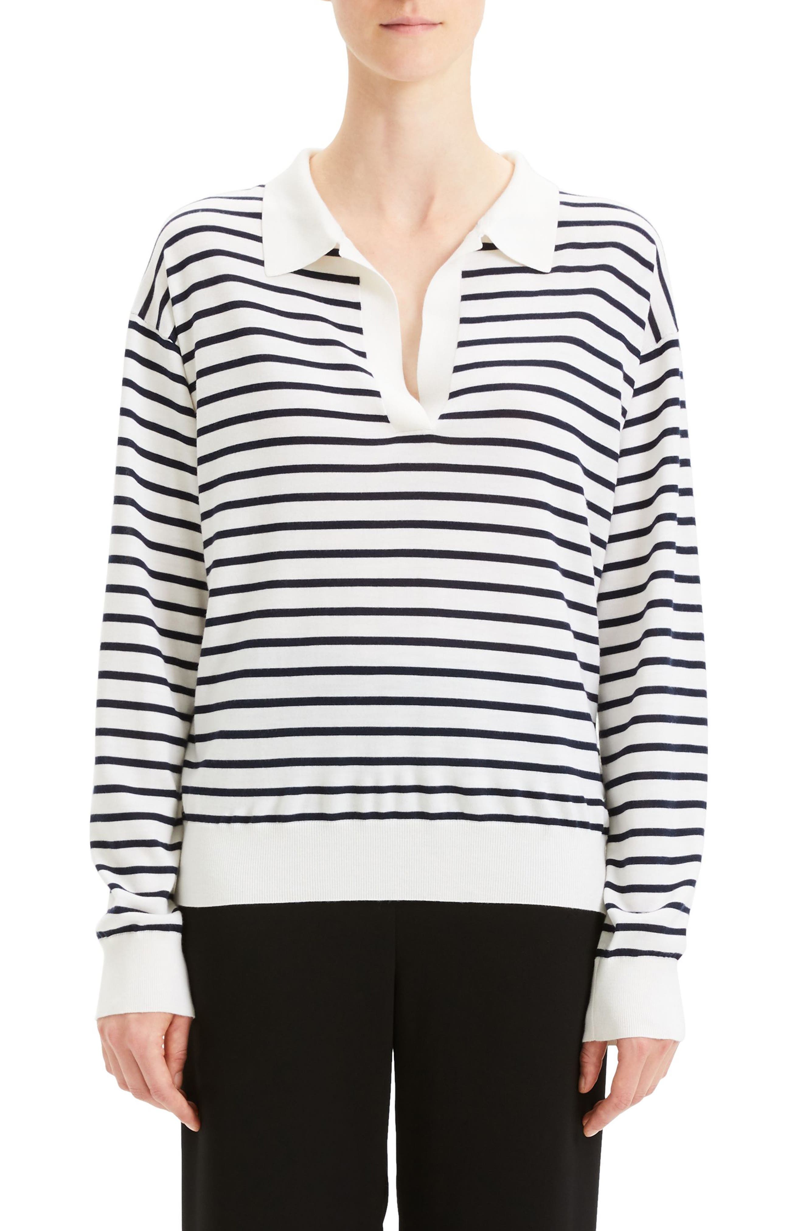 Theory Stripe Merino Wool & Silk Sweater, Size Petite - Ivory
