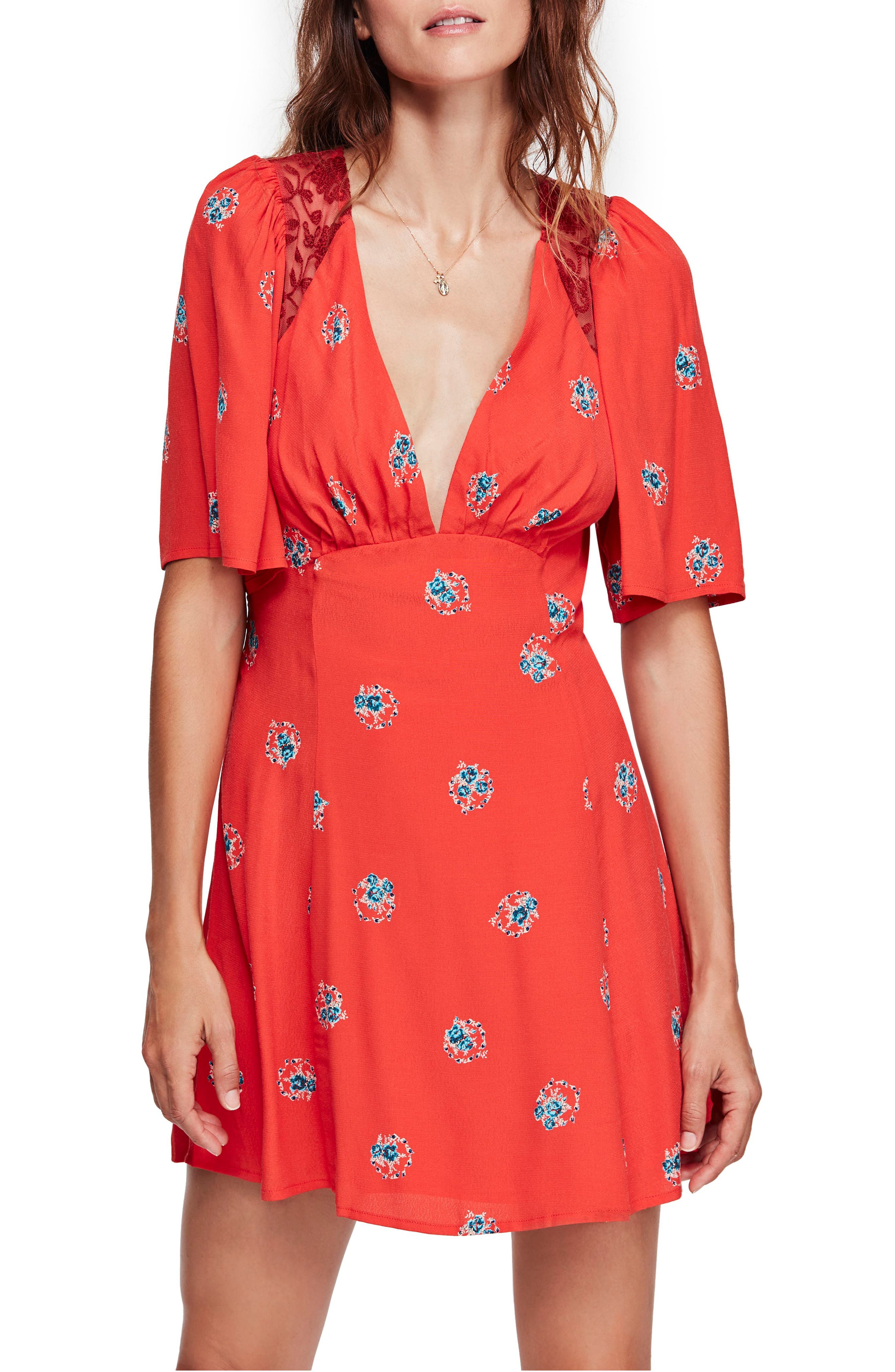 Free People Mockingbird Embroidered Mesh Inset Minidress, Red
