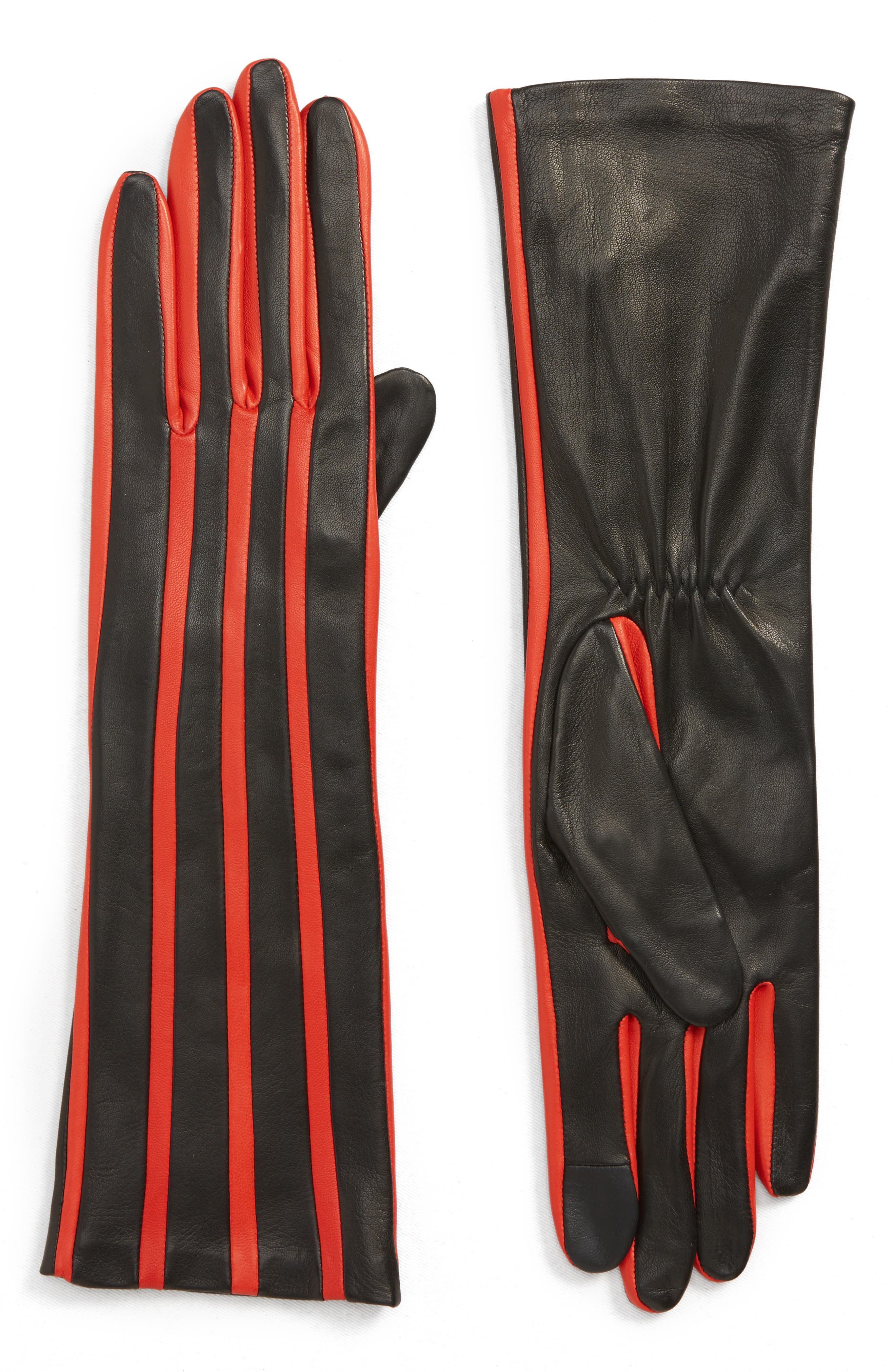 Agnelle Stripe Lambskin Leather Gloves, Black