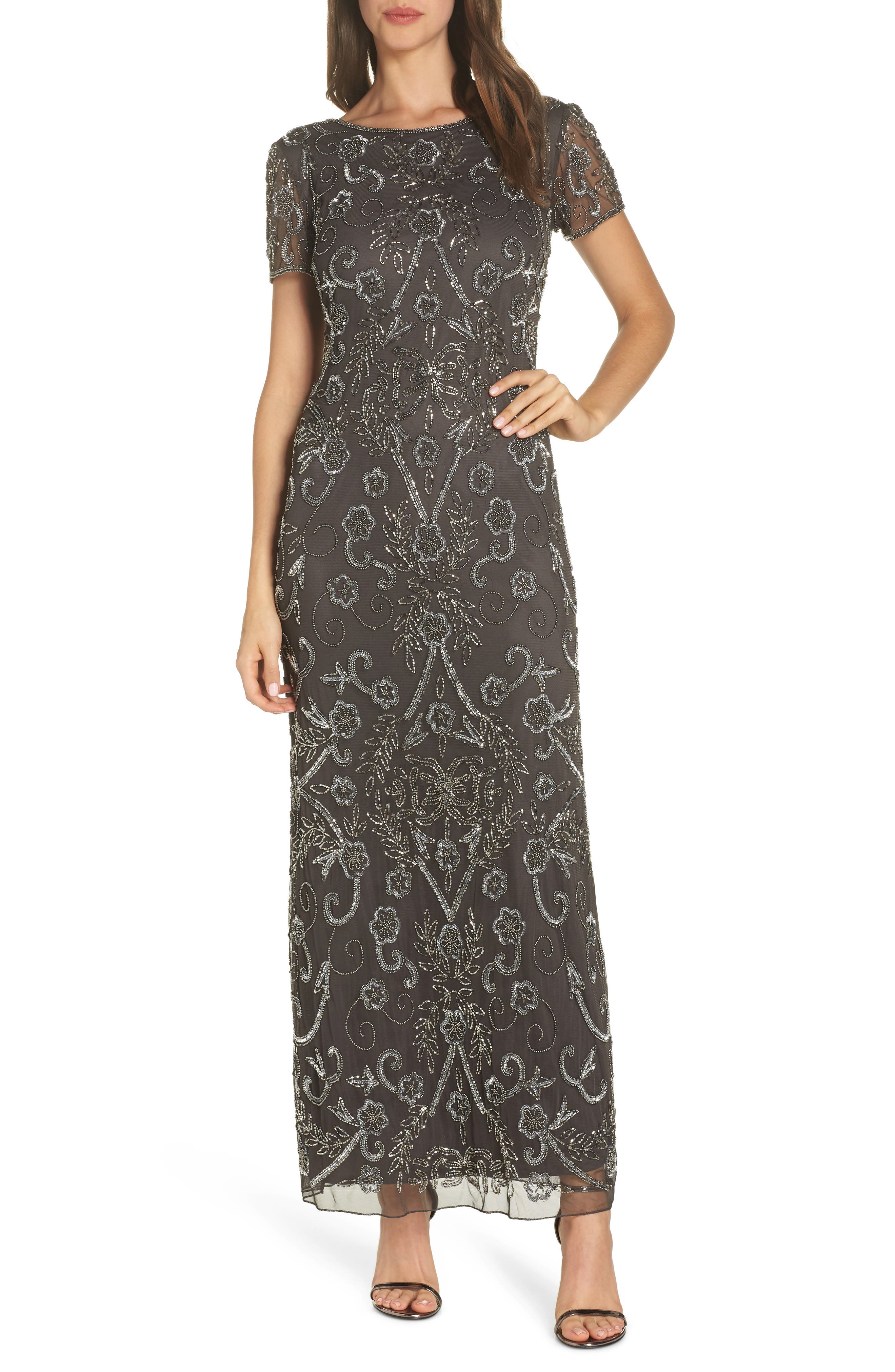 Pisarro Nights Embellished Mesh Evening Dress, Metallic