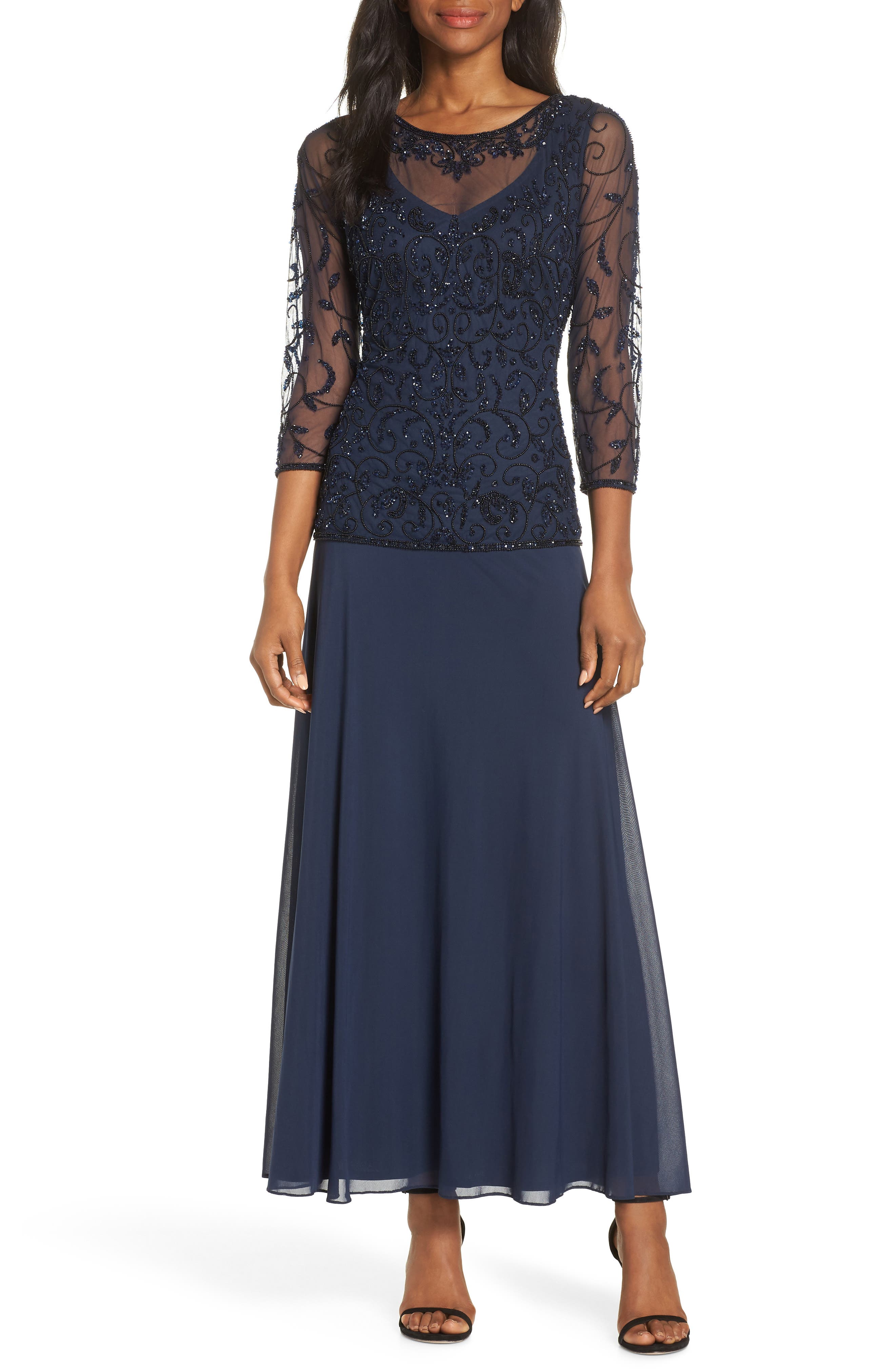 Pisarro Nights Beaded Mesh Mock Two-Piece Gown, Blue