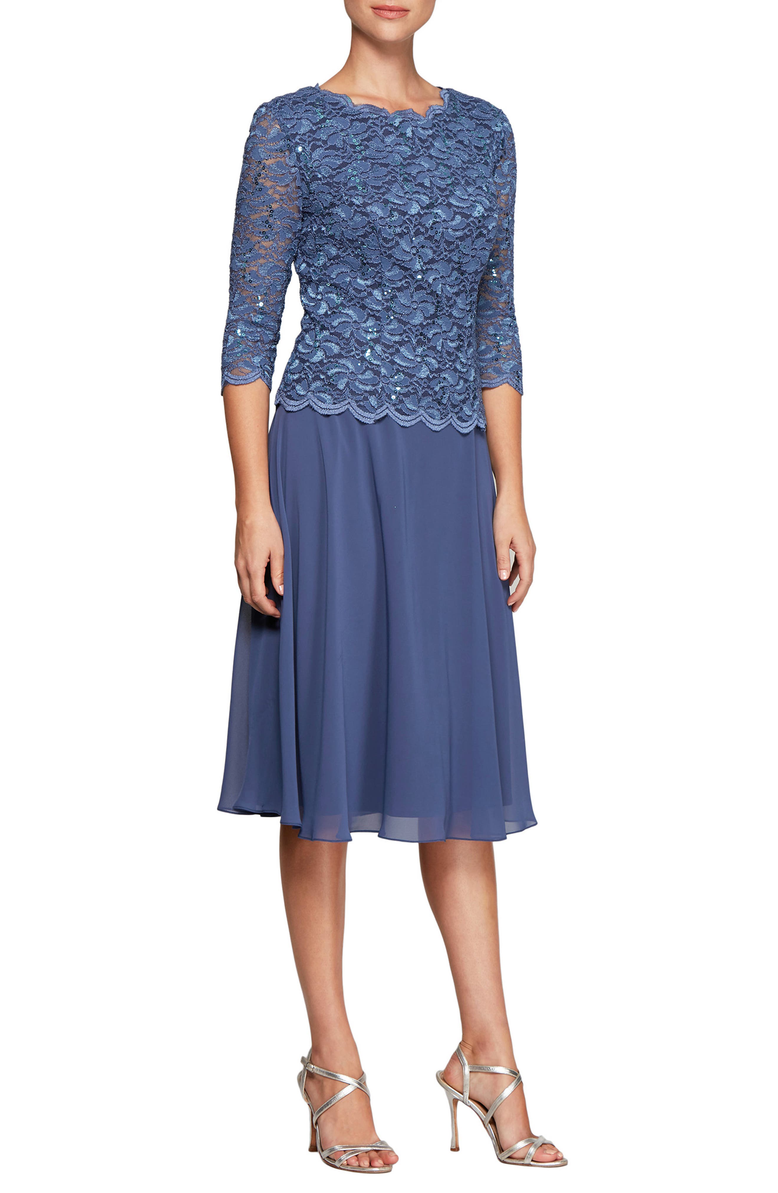 Petite Alex Evenings Mock Two-Piece Tea Length Dress, Blue
