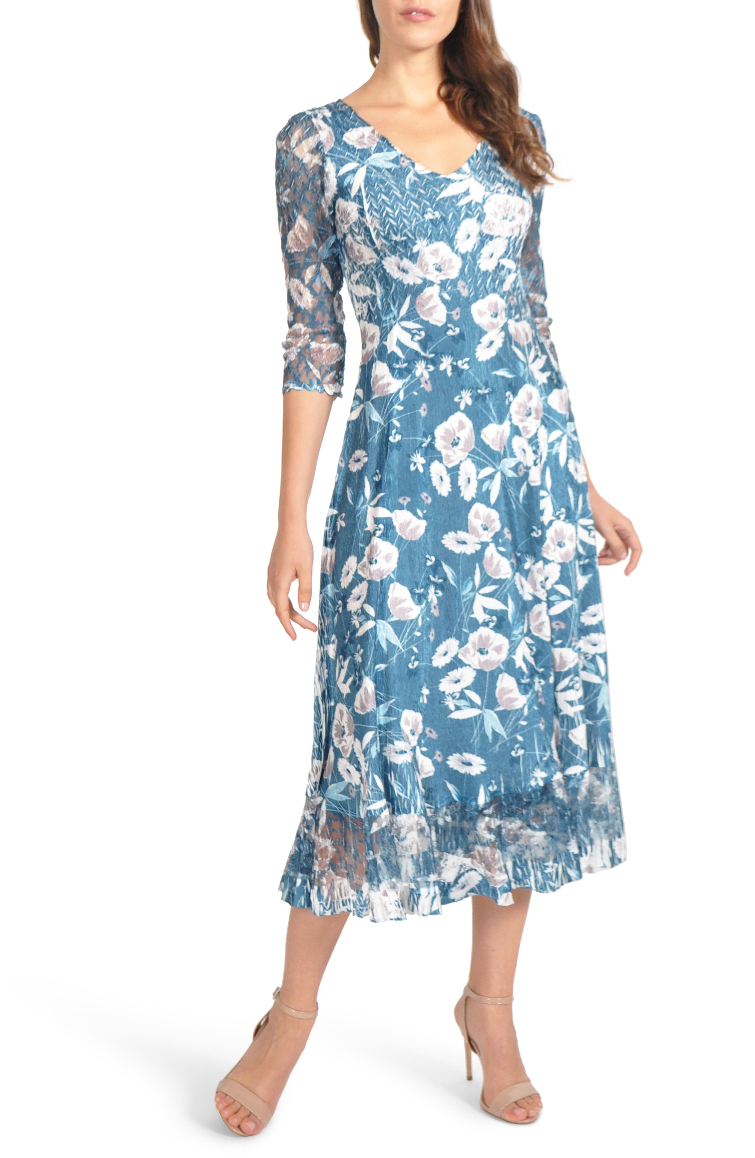 Petite Komarov Charmeuse & Chiffon Midi Dress, Blue/green