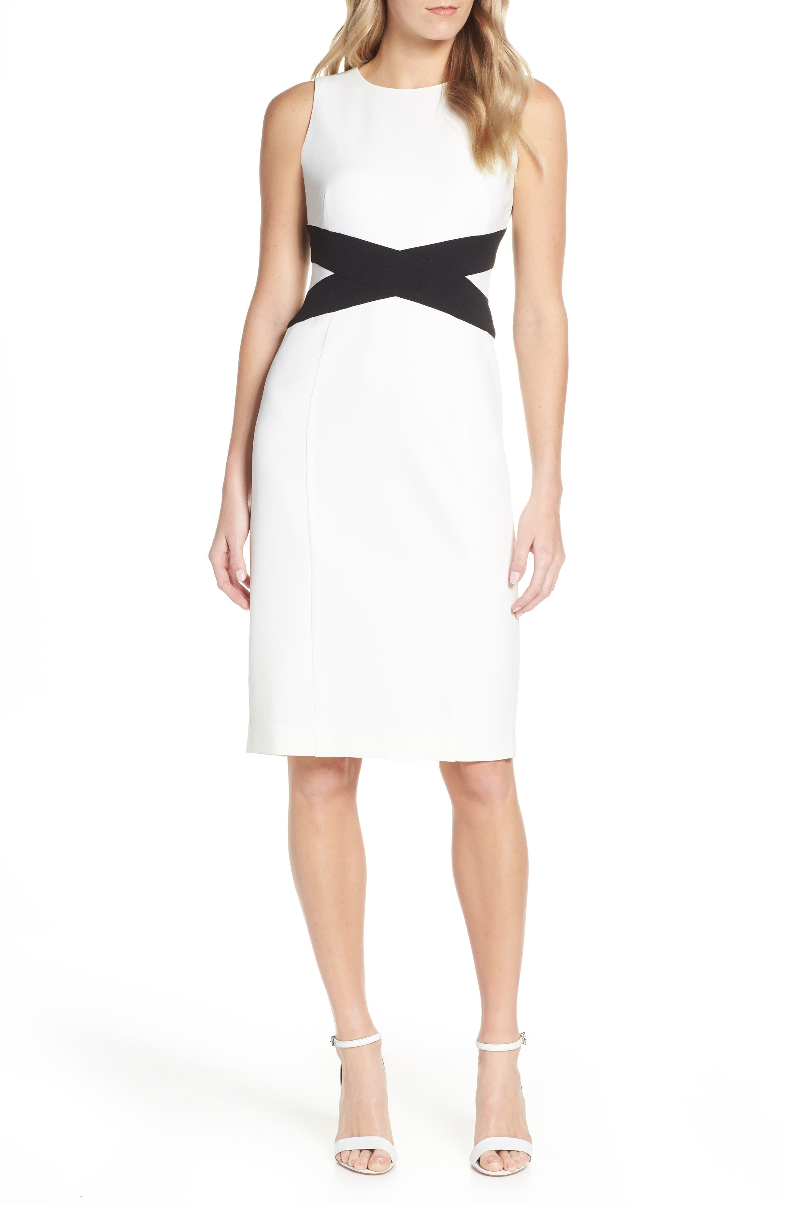 Vince Camuto Contrast Crisscross Crepe Sheath Dress, Ivory