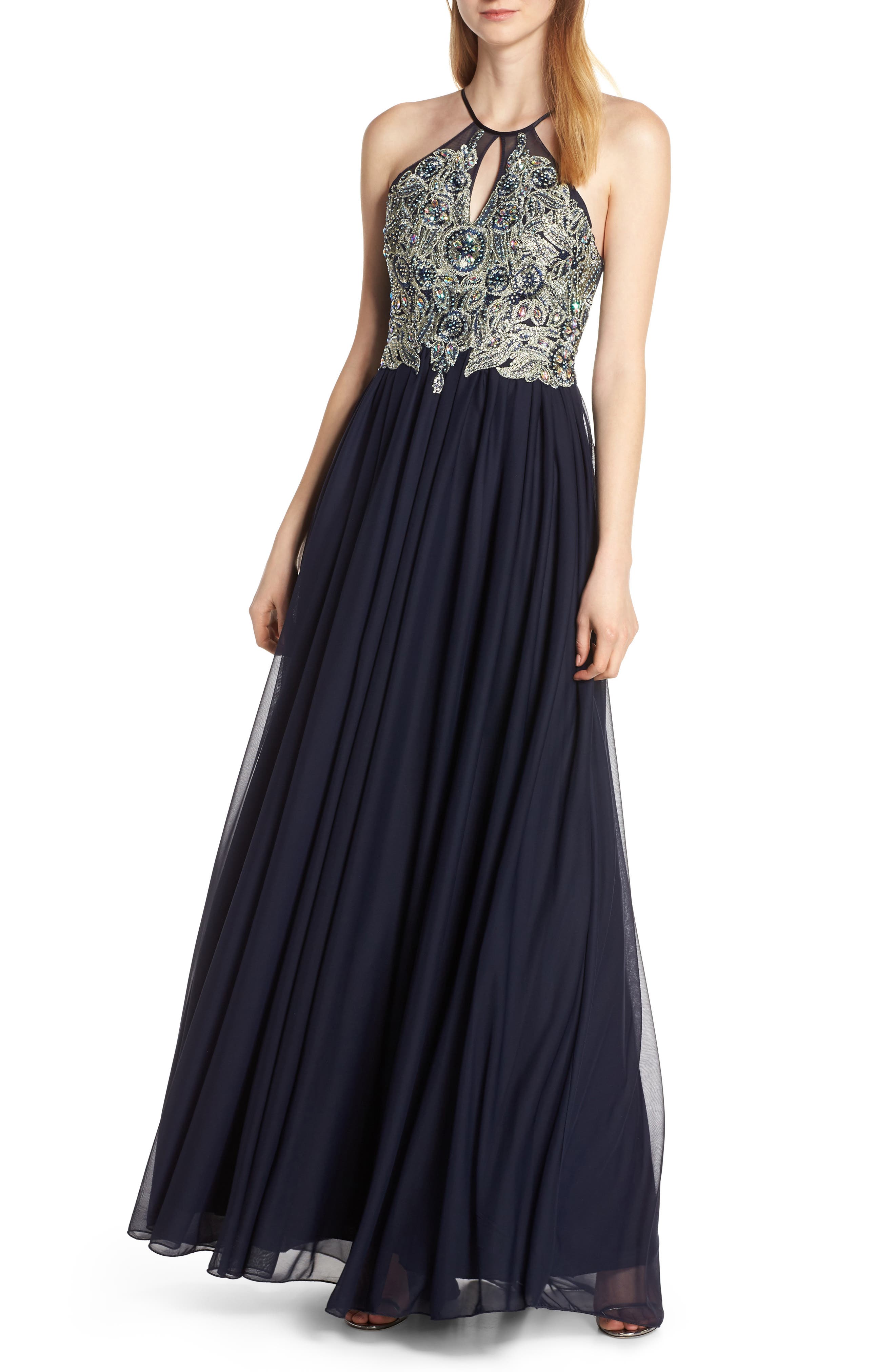Sequin Hearts Embellished Evening Dress, Blue