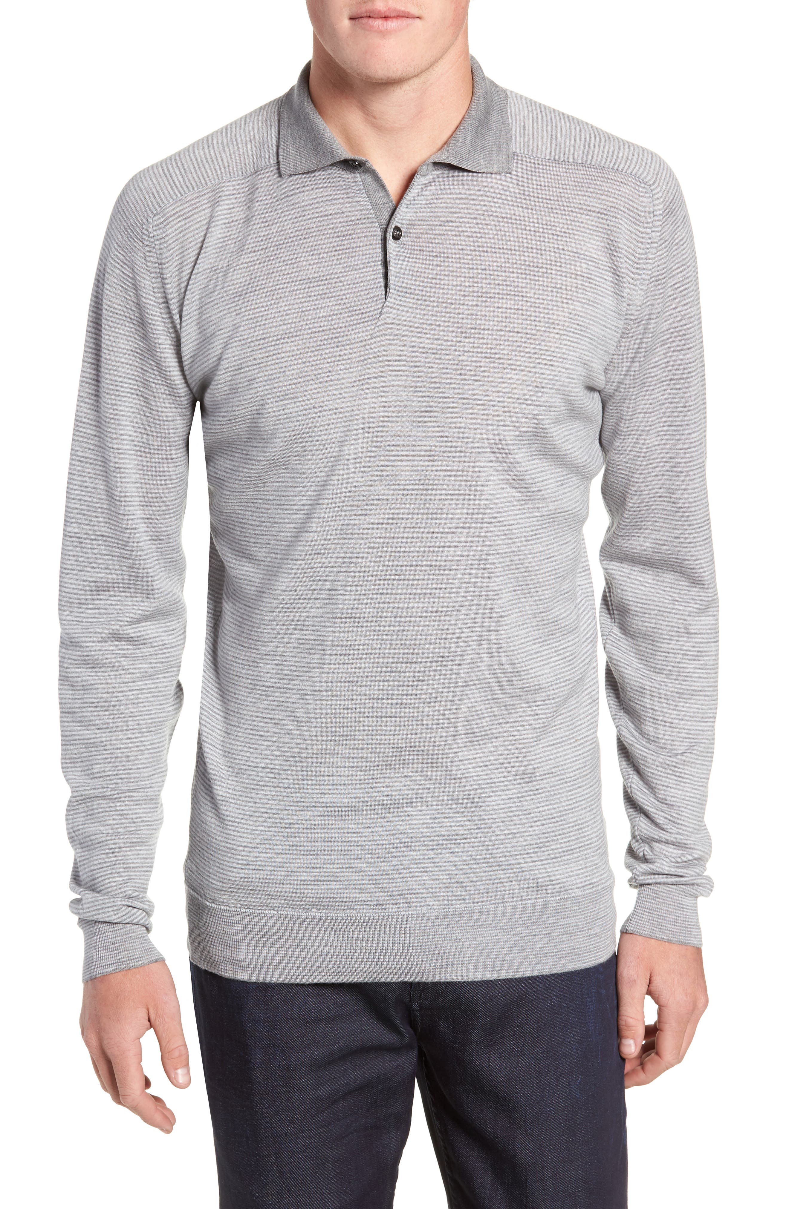 John Smedley Slim Fit Long Sleeve Merino Wool Polo, Grey