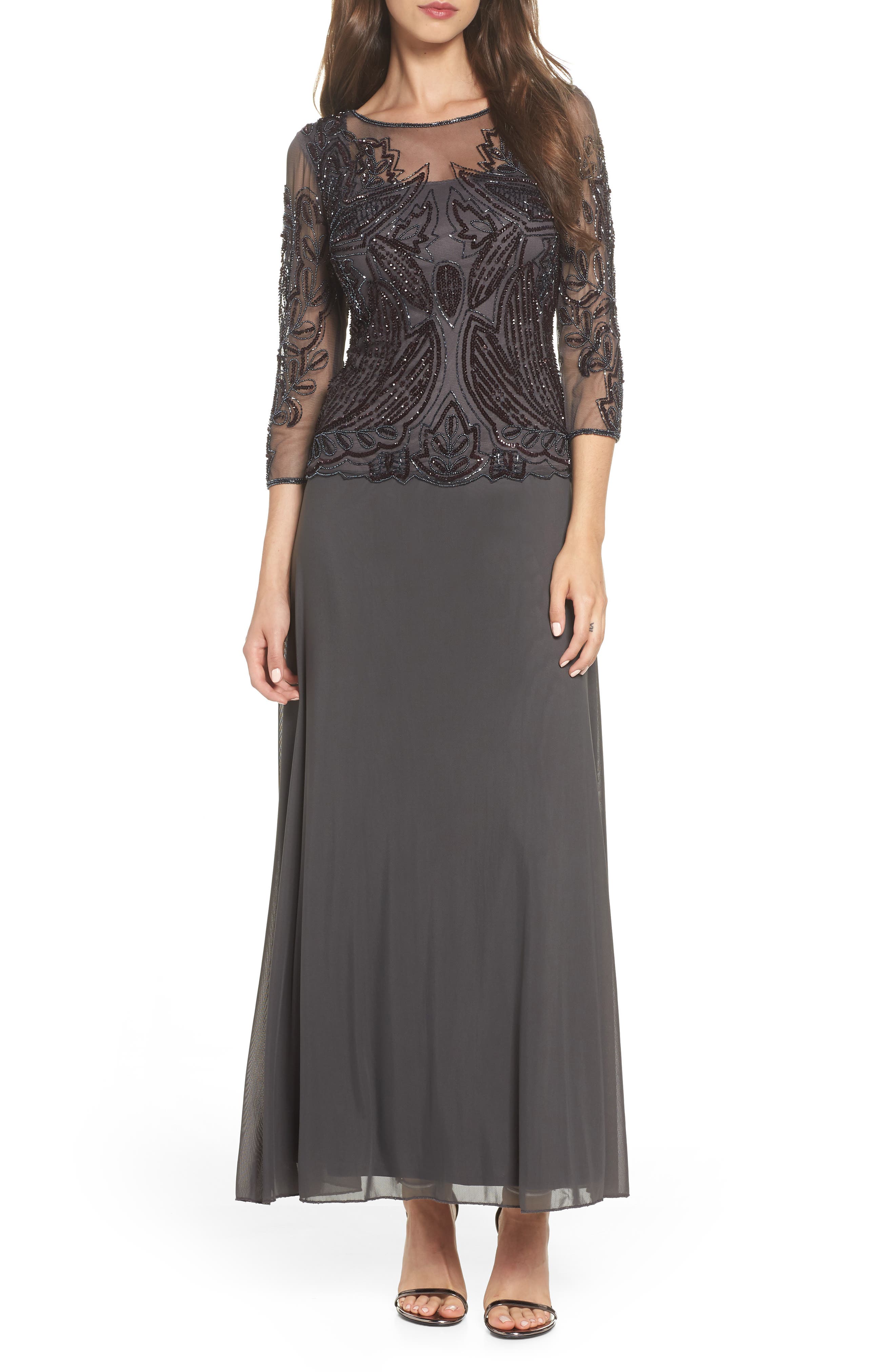 Pisarro Nights Embellished Mesh Gown, Grey