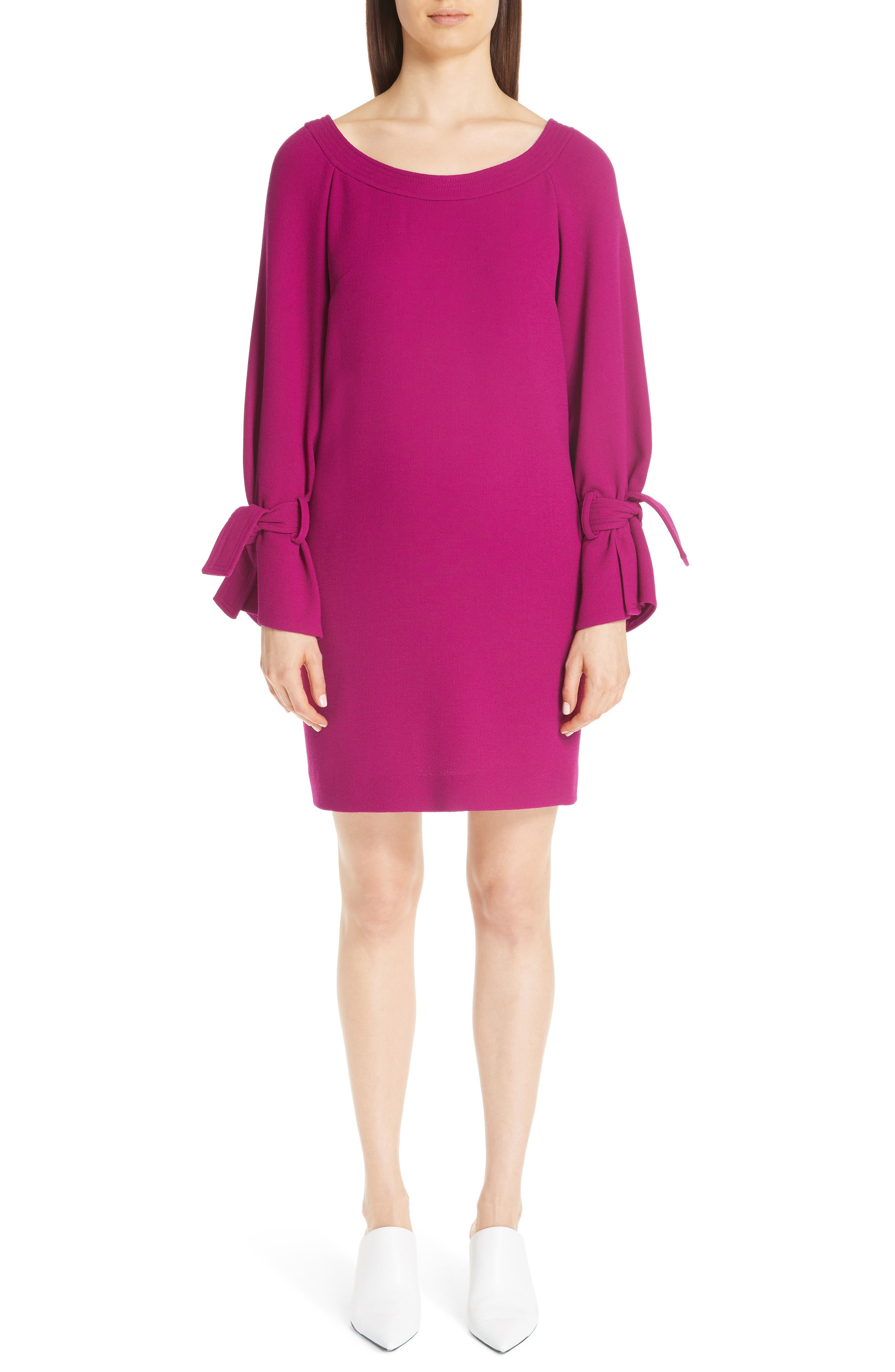 Lela Rose Tie Cuff Wool Blend Crepe Shift Dress, Pink