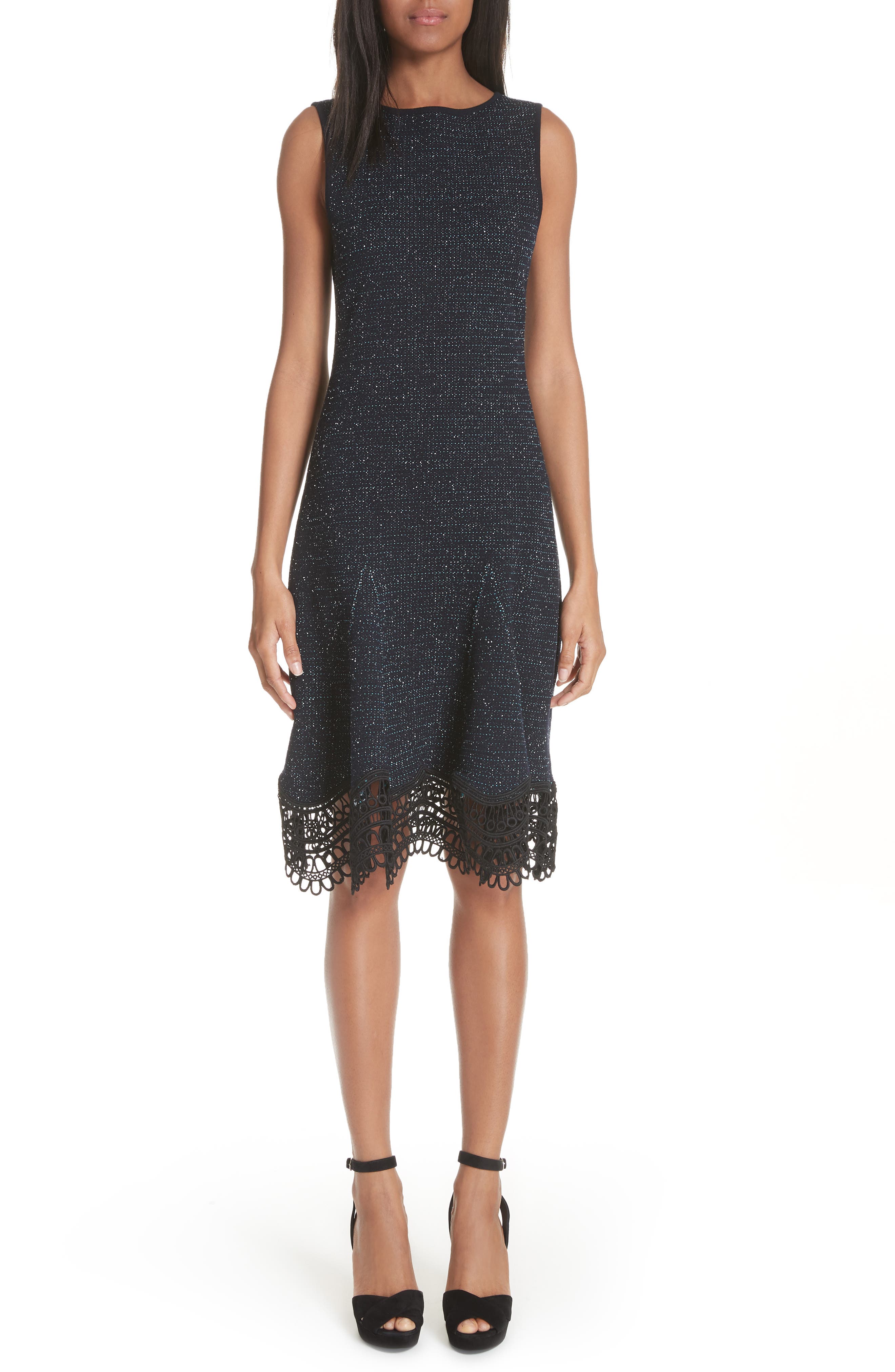 Oscar De La Renta Lace Trim Tweed Knit Dress