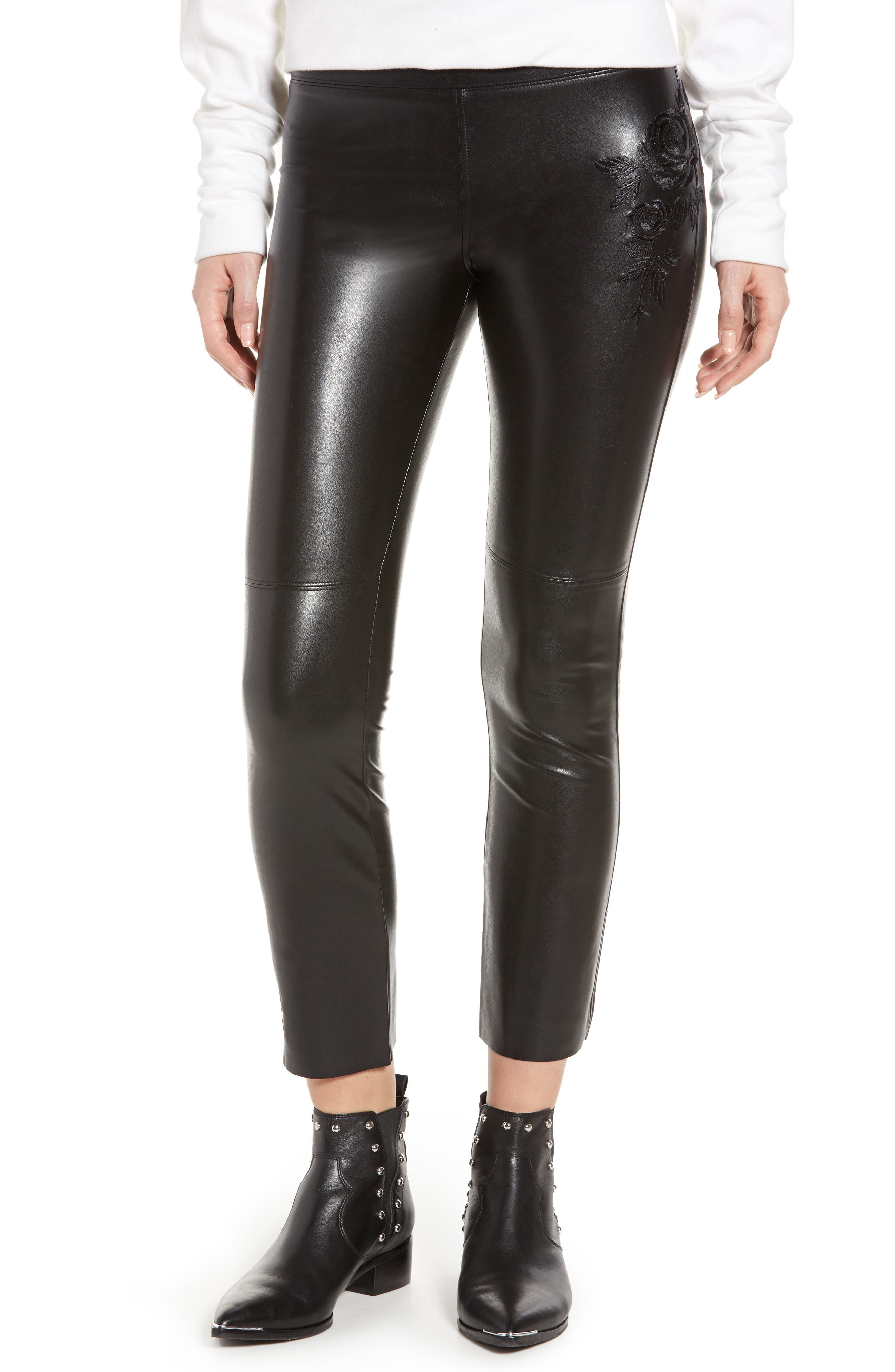 David Lerner Gemma Floral Embroidery Faux Leather Leggings, Black
