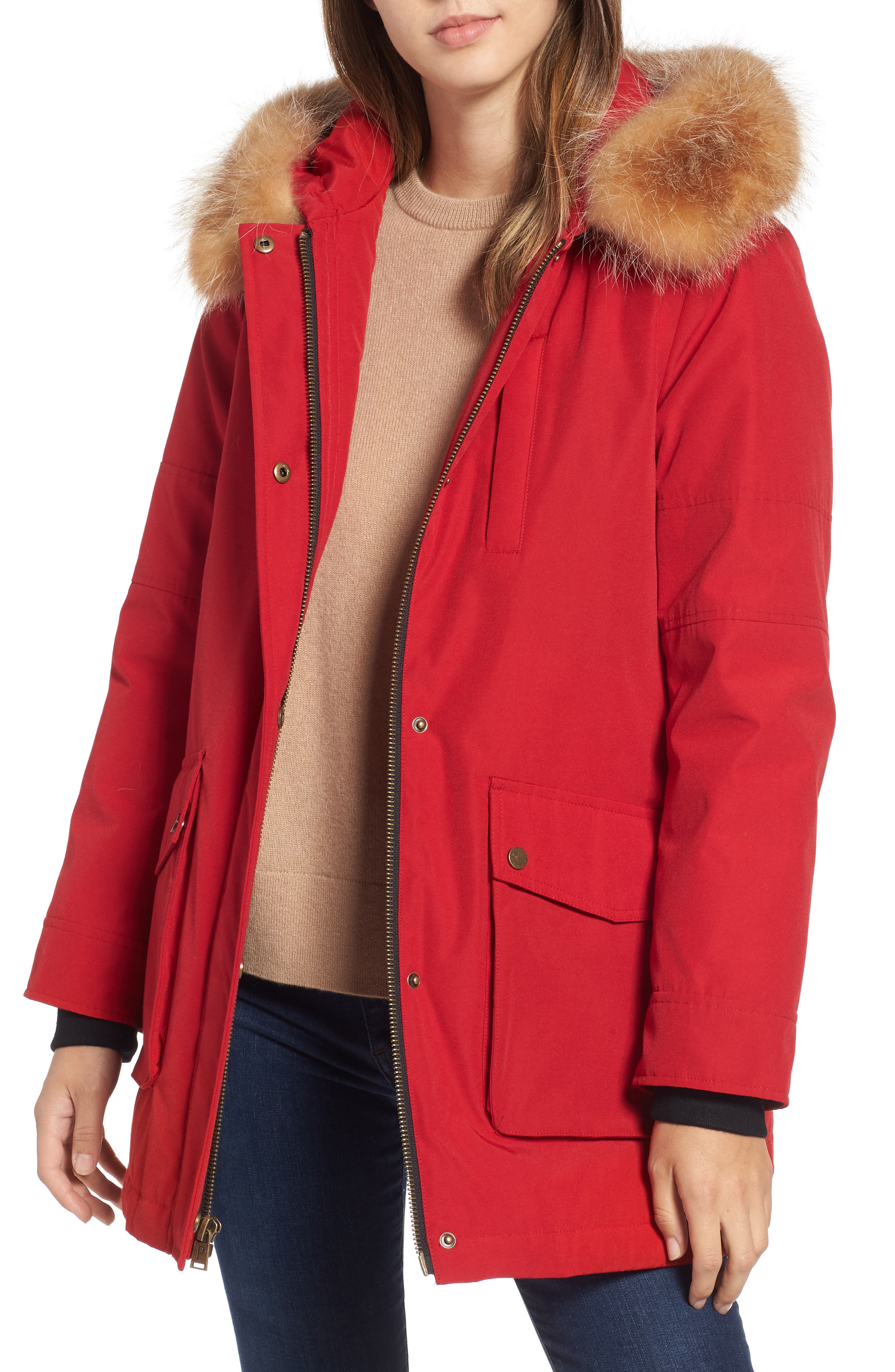 Pendleton Dawson Genuine Fur Trim Down Coat, Red