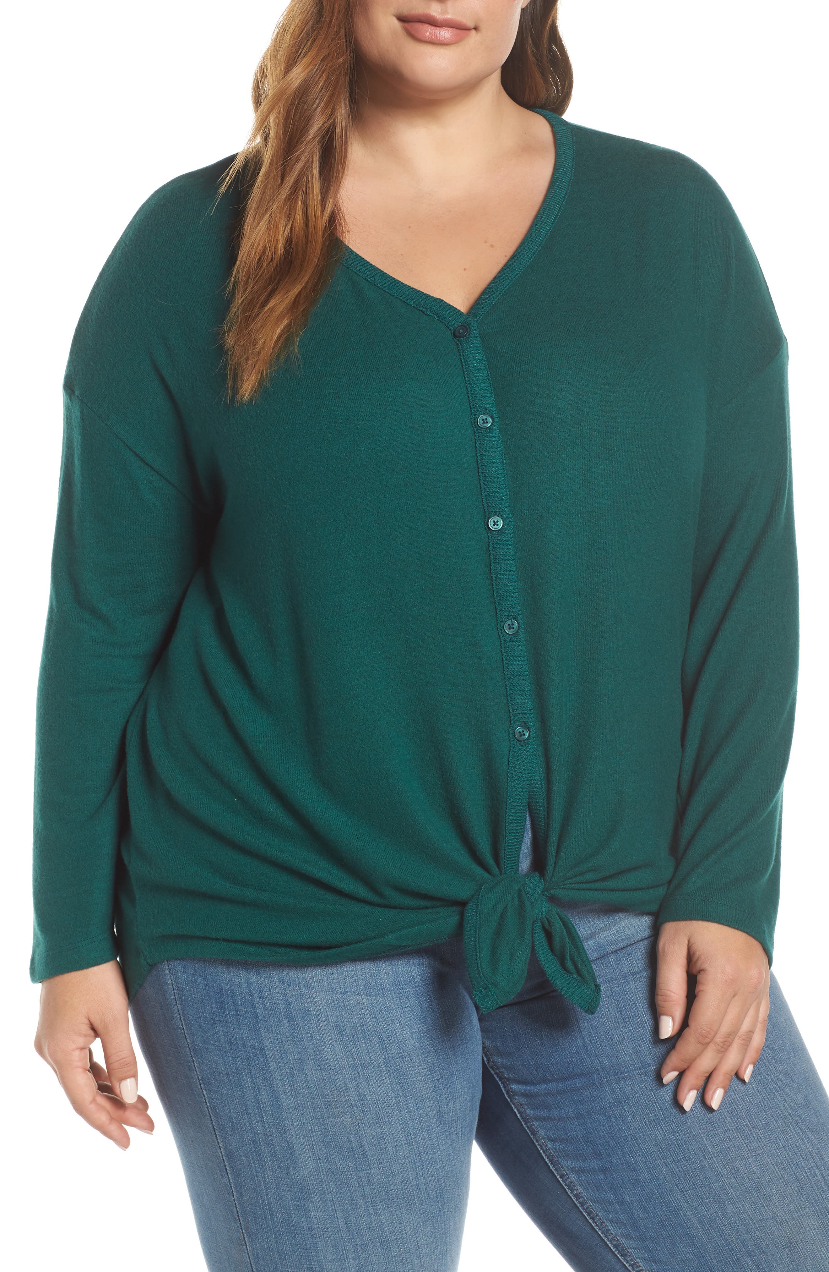 Plus Size Caslon Cozy Tie Front Cardigan, Green
