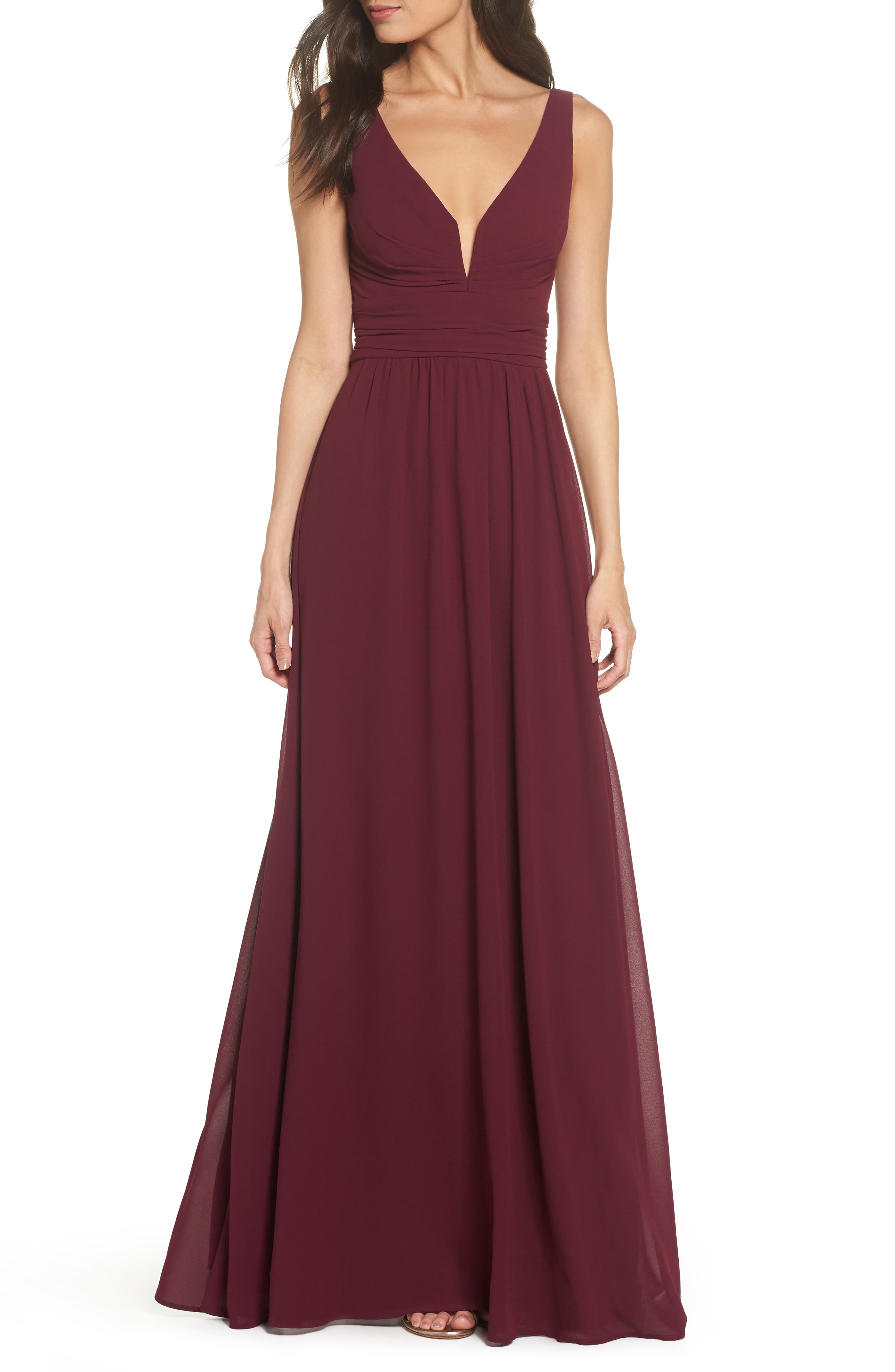 Lulus V-Neck Chiffon Gown, Burgundy