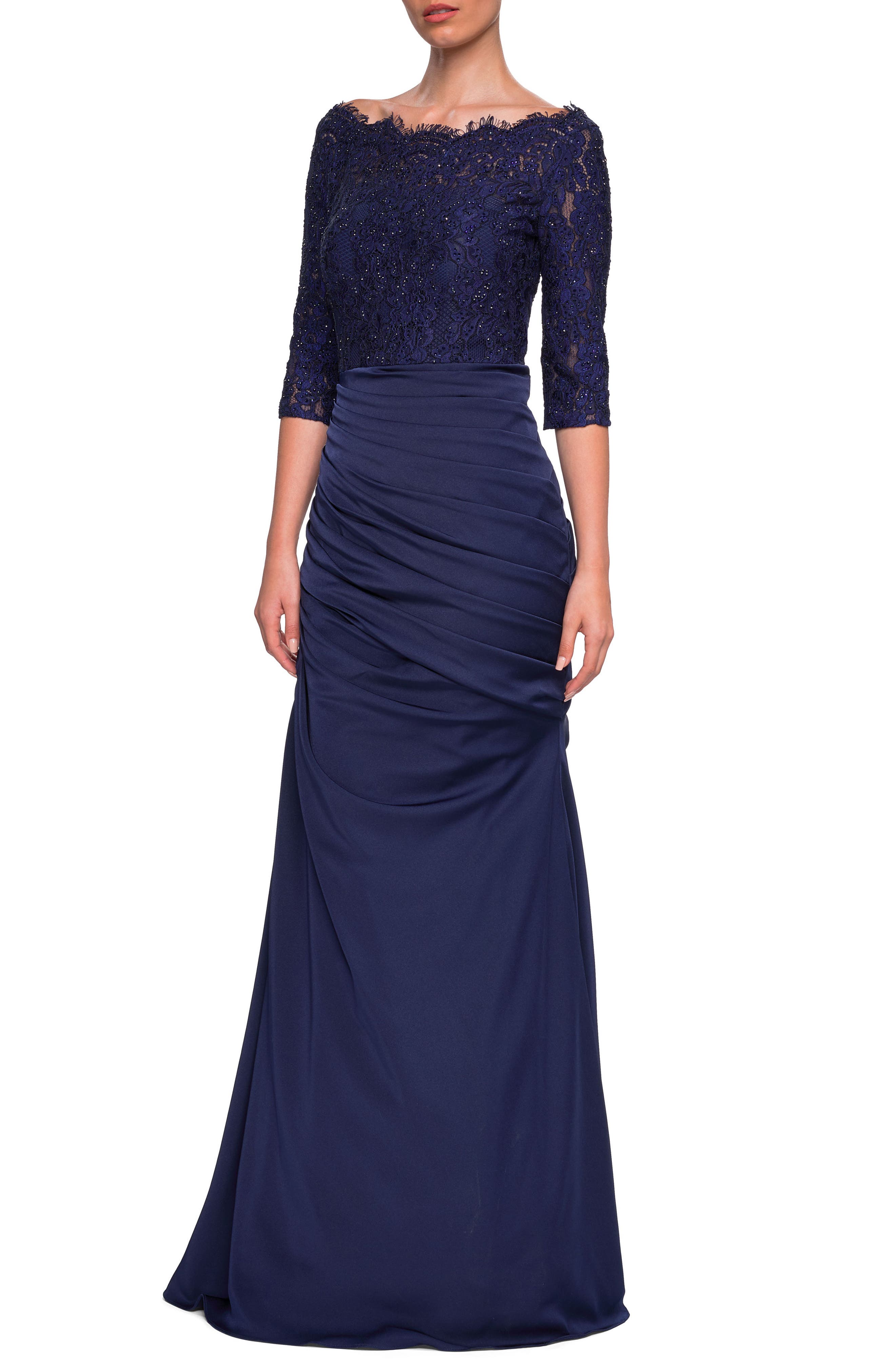 La Femme Lace Top Trumpet Gown, Blue