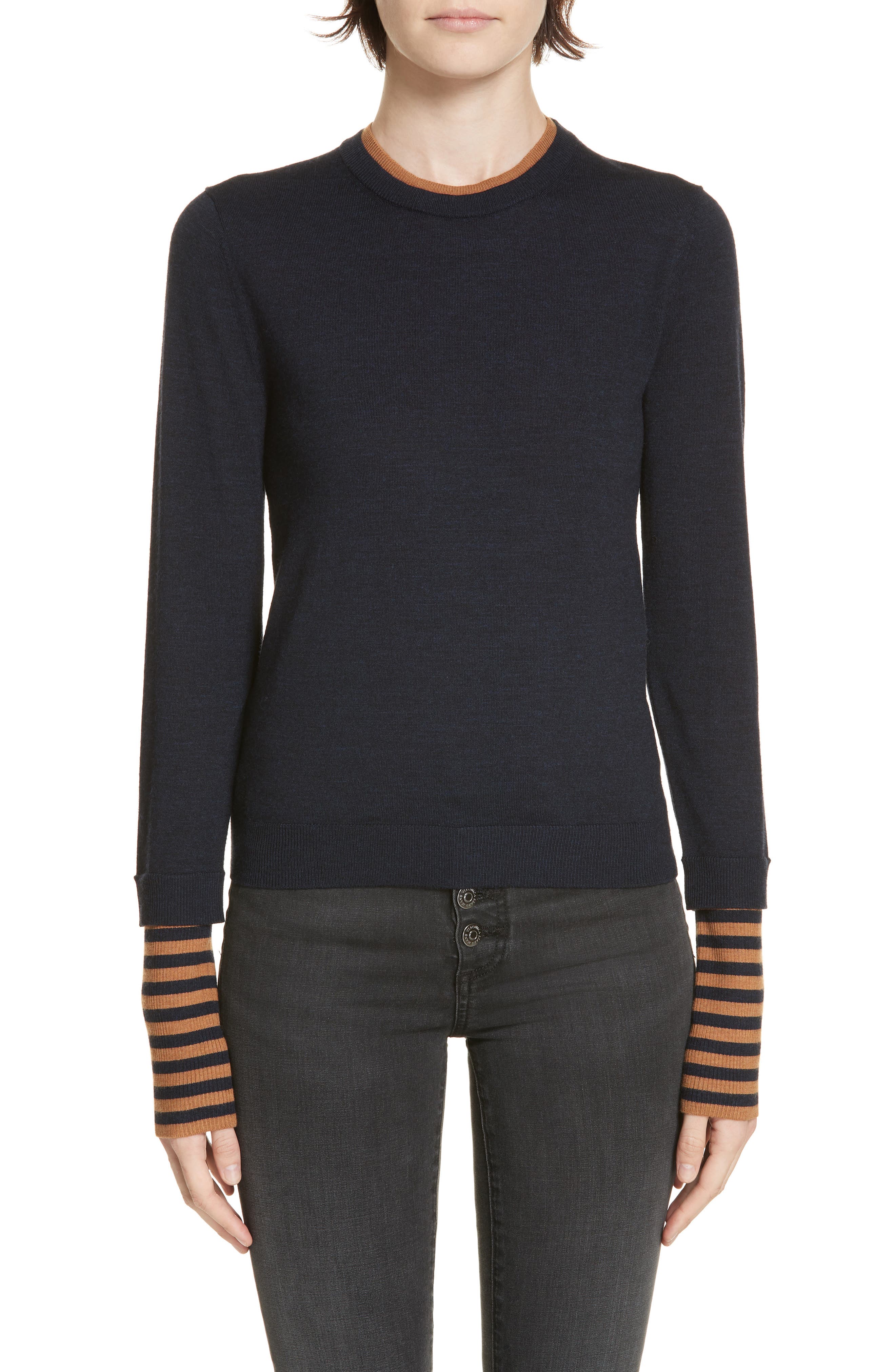 Veronica Beard Avory Contrast Cuff Merino Wool Sweater, Blue
