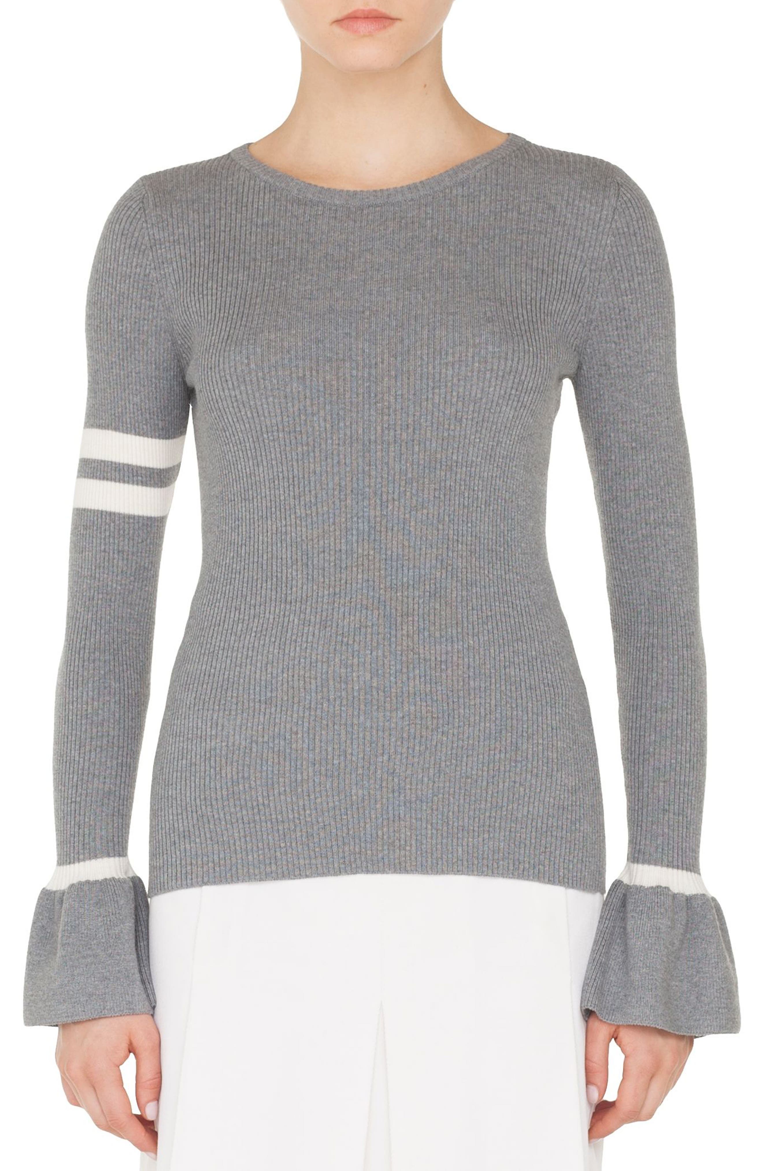 Akris Punto Stripe Wool Bell Sleeve Sweater, Grey