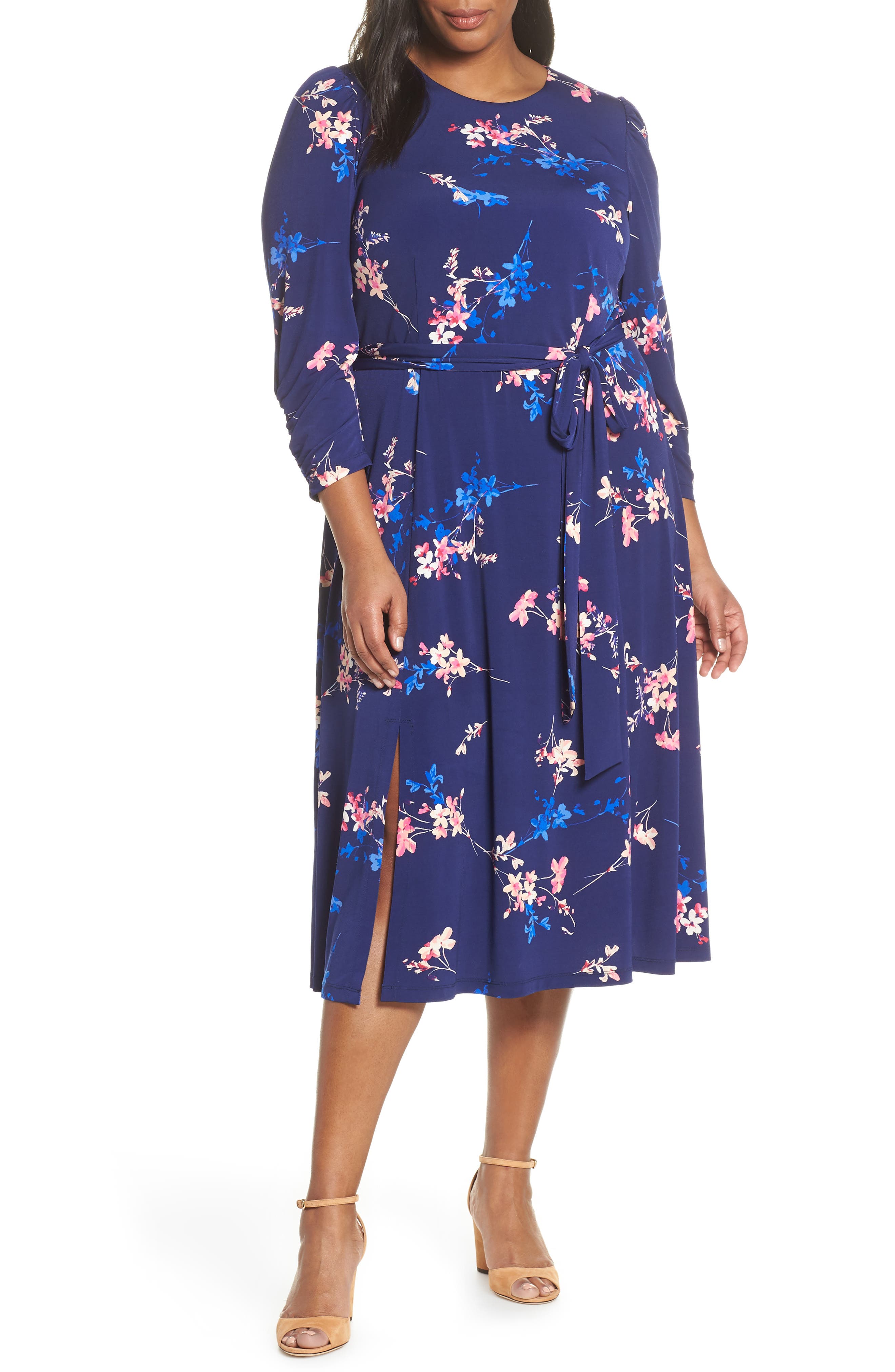 Plus Size Eliza J Floral Belted Midi Dress, Blue
