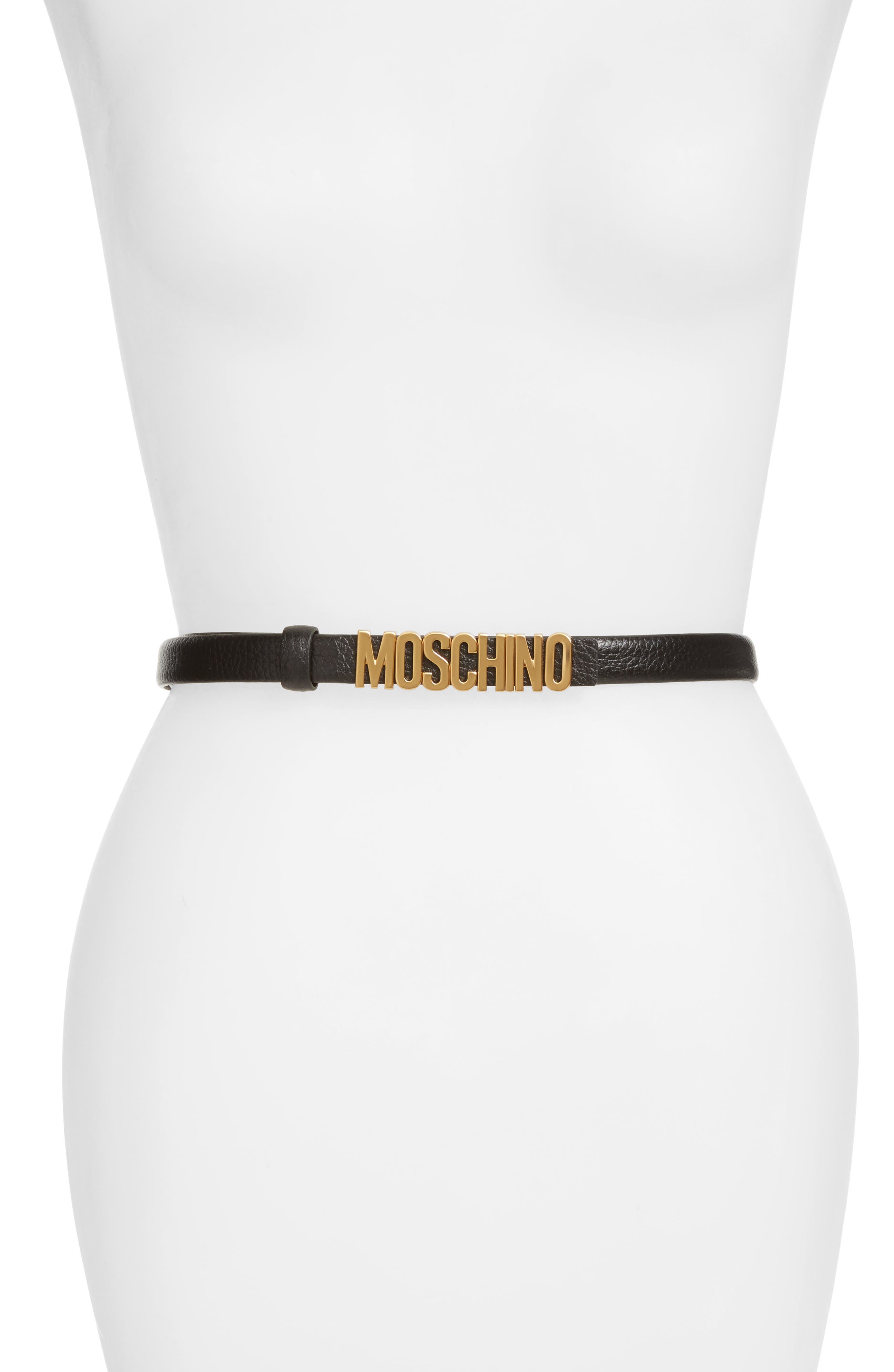 Moschino Logo Leather Skinny Belt, Black