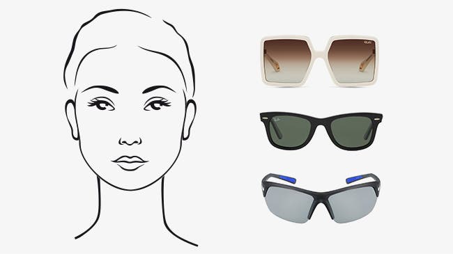 A drawing of a round face with square, wayfarer and sport sunglasses next to it.