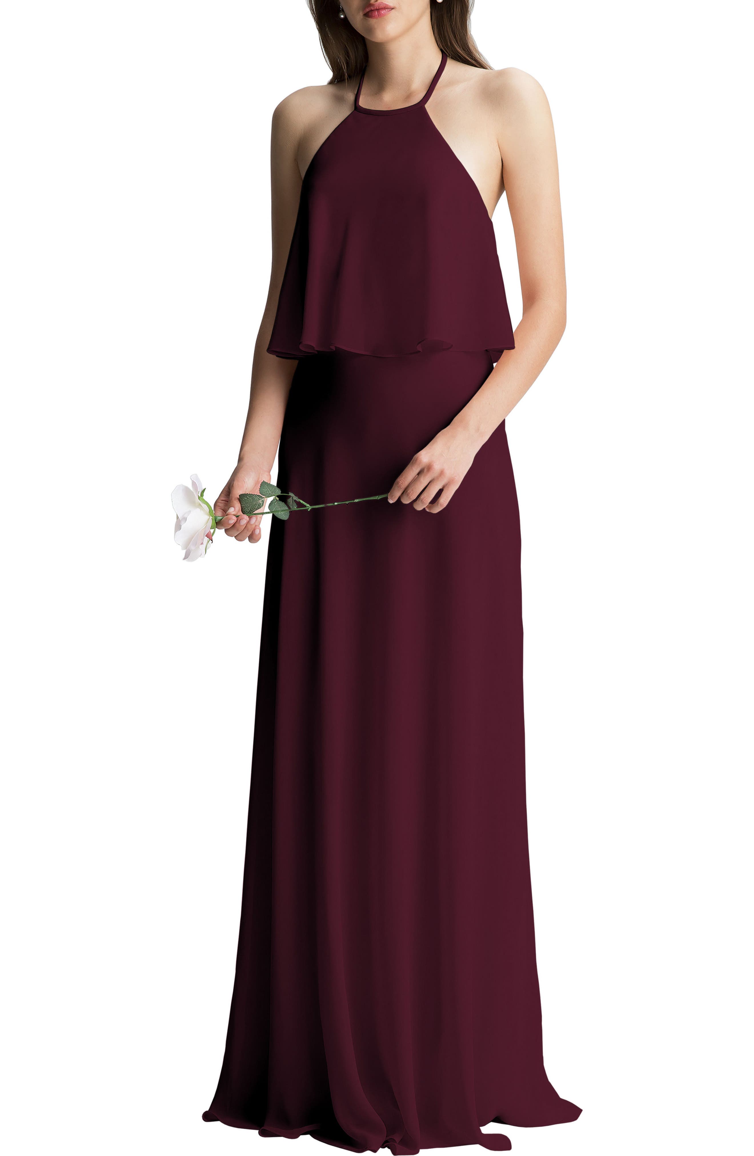 #levkoff Halter Overlay Chiffon Gown, Red