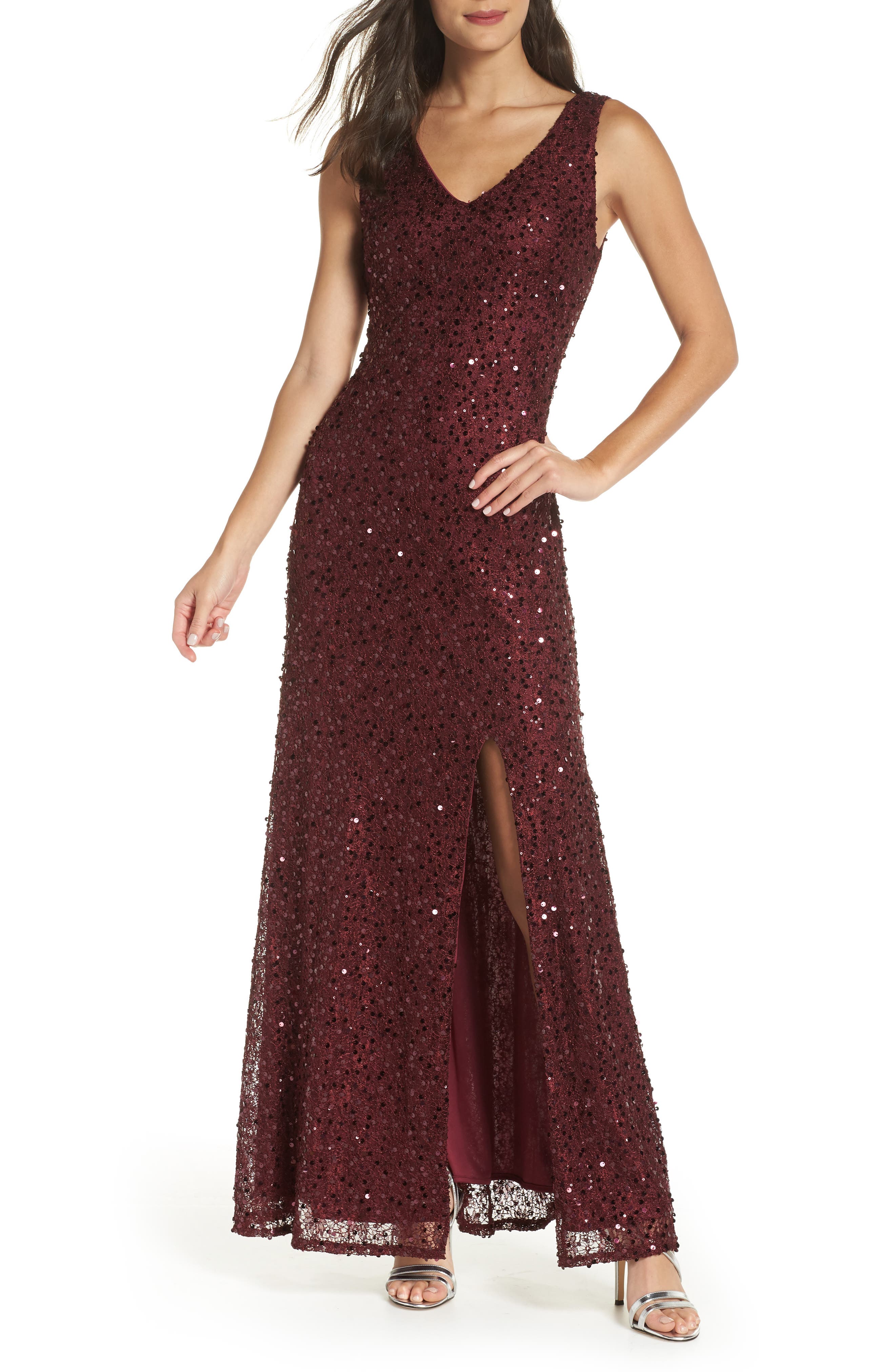 Morgan & Co. Sequin & Lace Gown, Burgundy