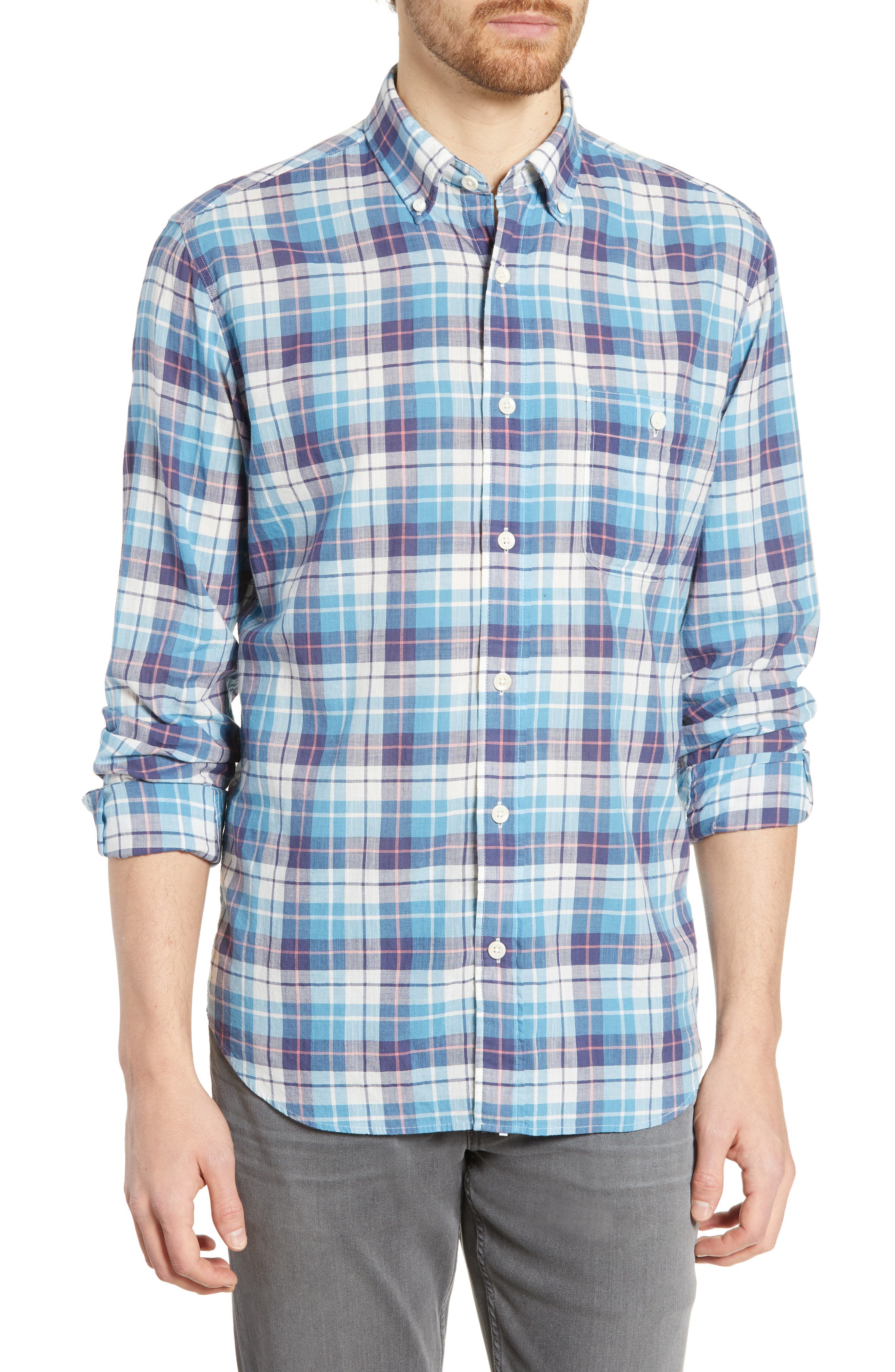 Faherty Everyday Regular Fit Madras Plaid Sport Shirt, Blue