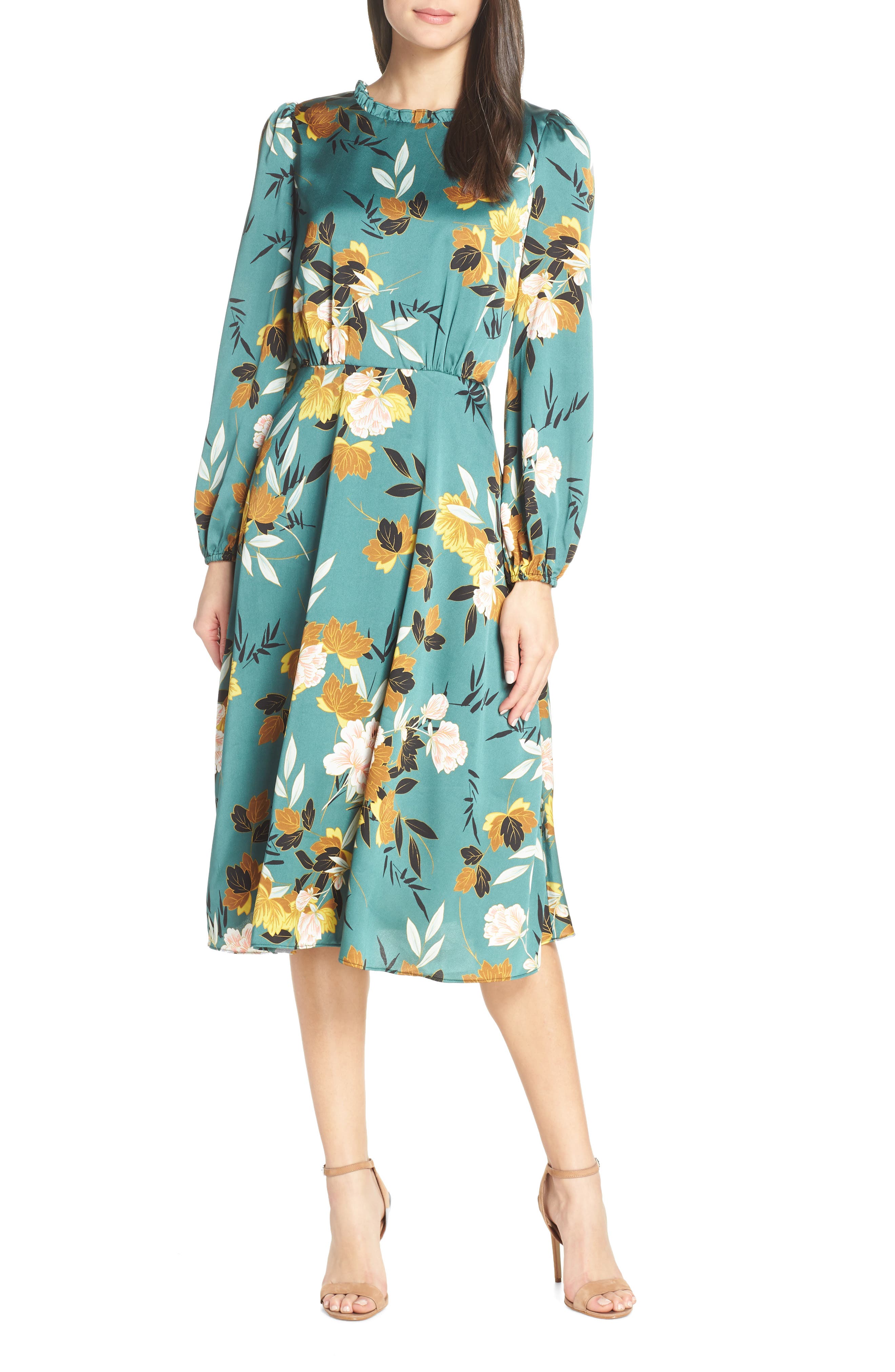 Chelsea28 Floral Print Ruffle Neck Dress, Green