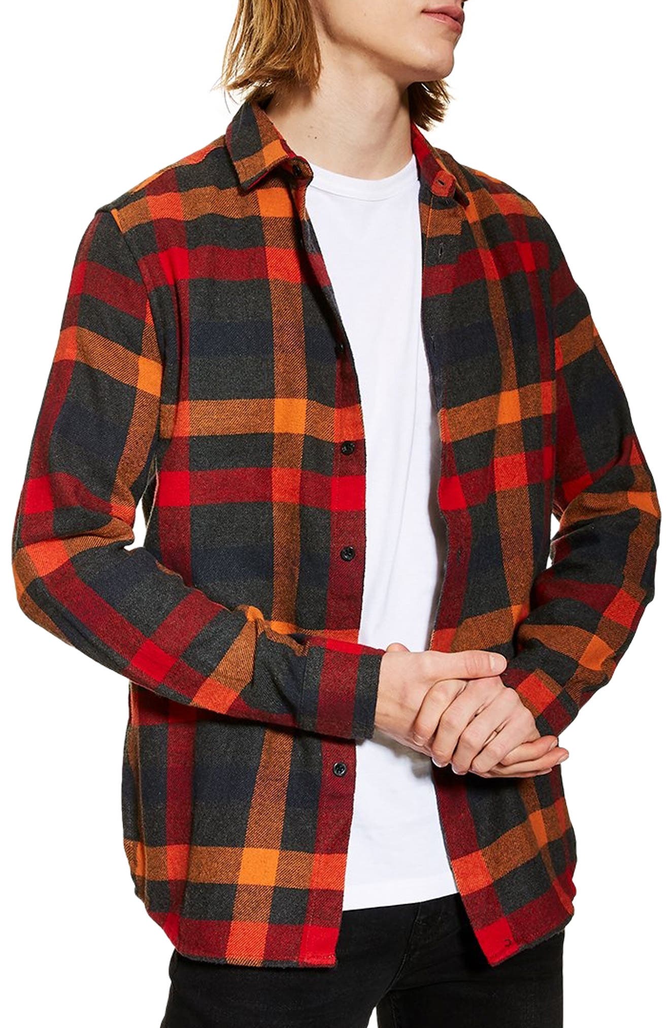 Topman Slim Fit Check Flannel Shirt, Grey