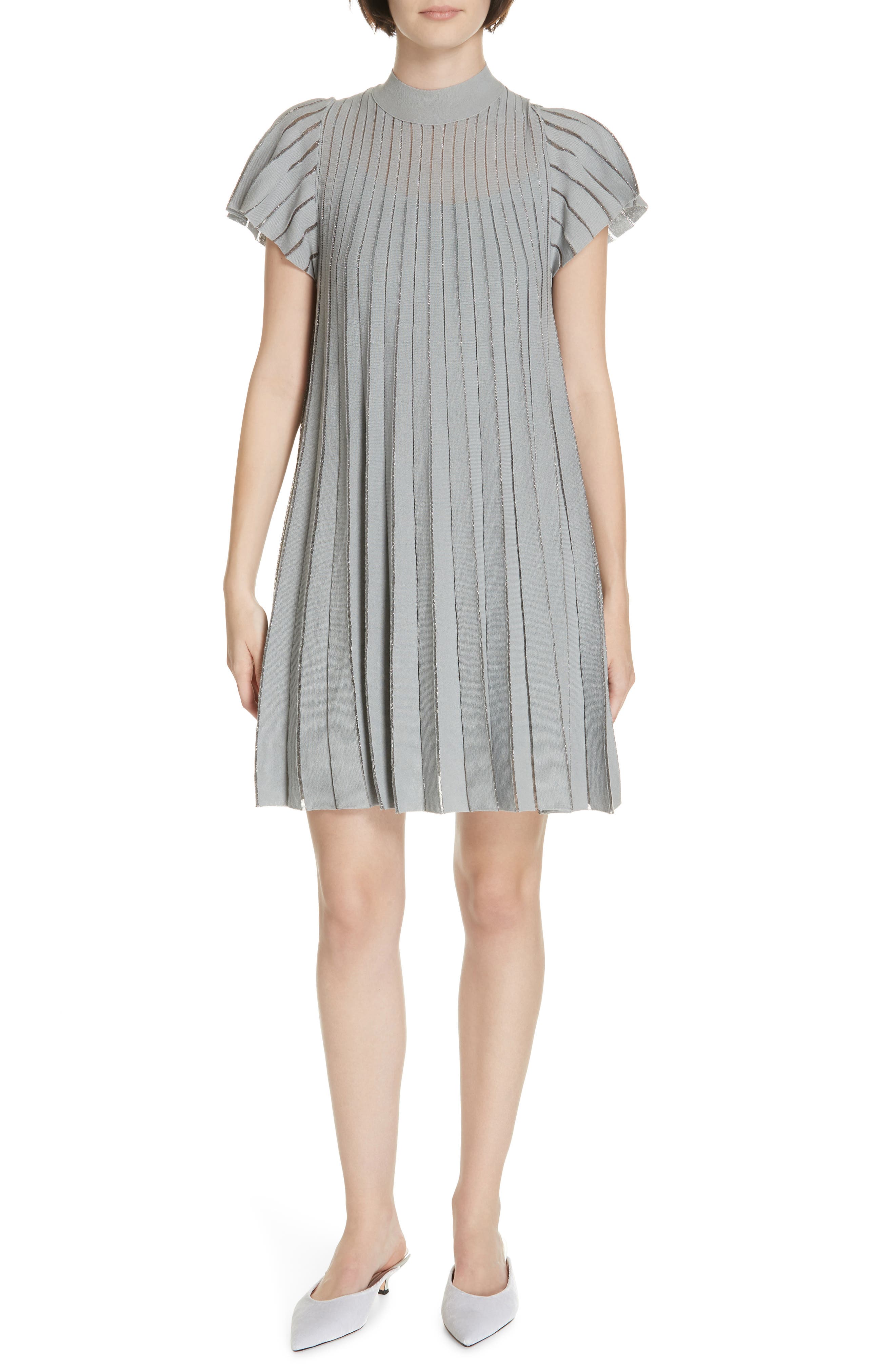 Red Valentino Metallic Sheer Stripe Minidress, Grey