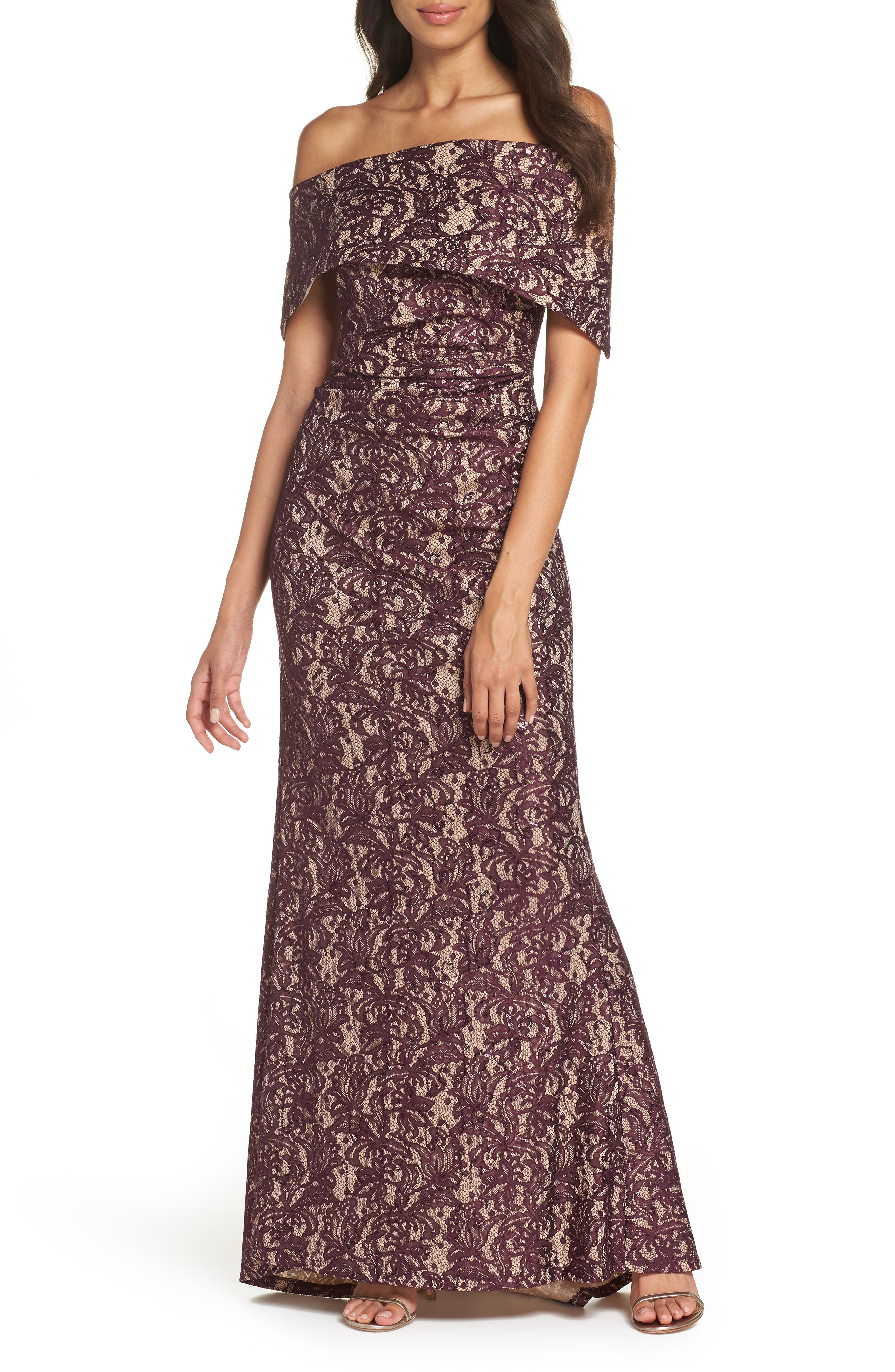 Petite Vince Camuto Sequin Off The Shoulder Gown, Burgundy