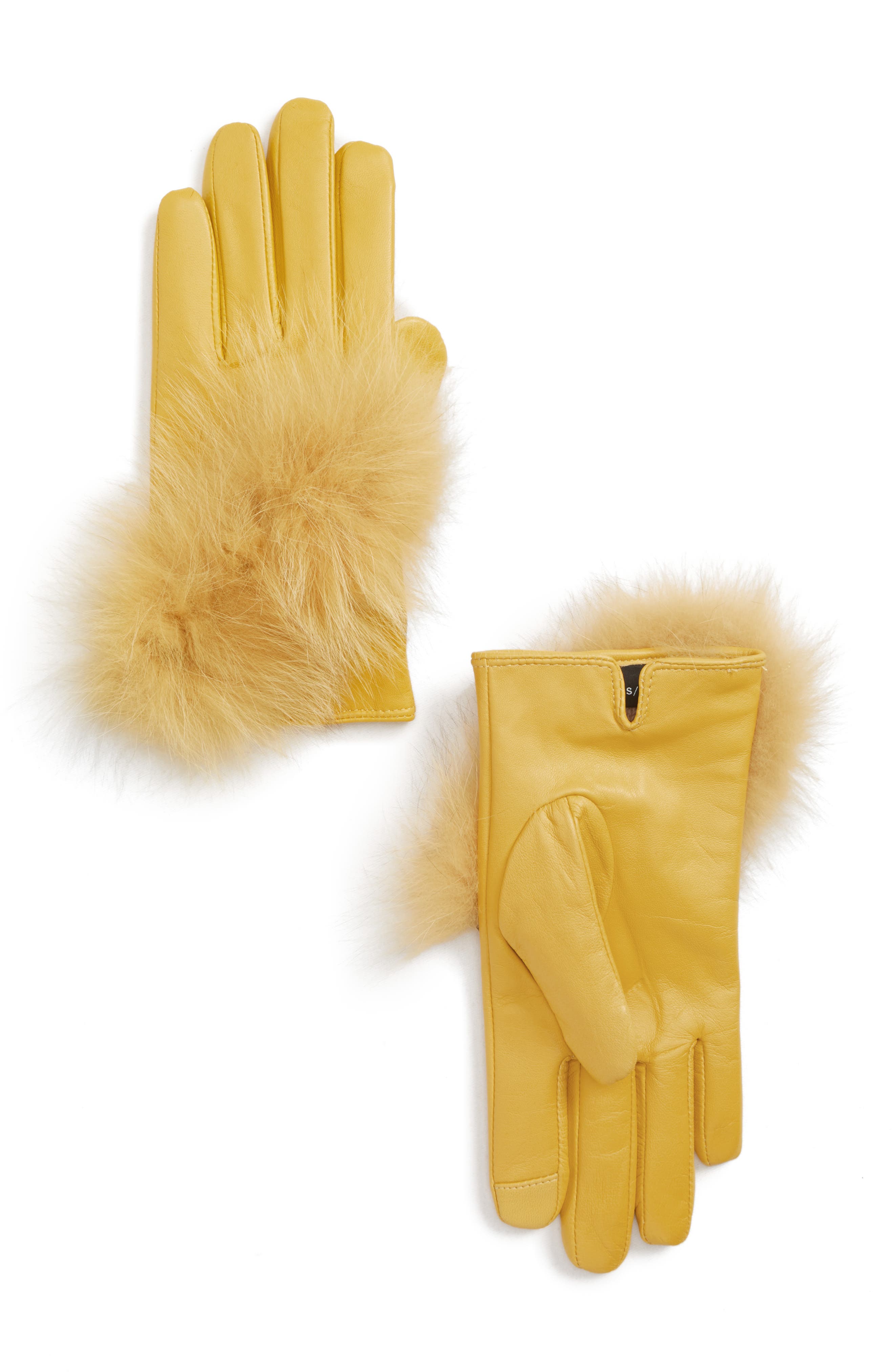 Echo Lambskin Leather Touchscreen Gloves With Genuine Fox Fur Trim, Green