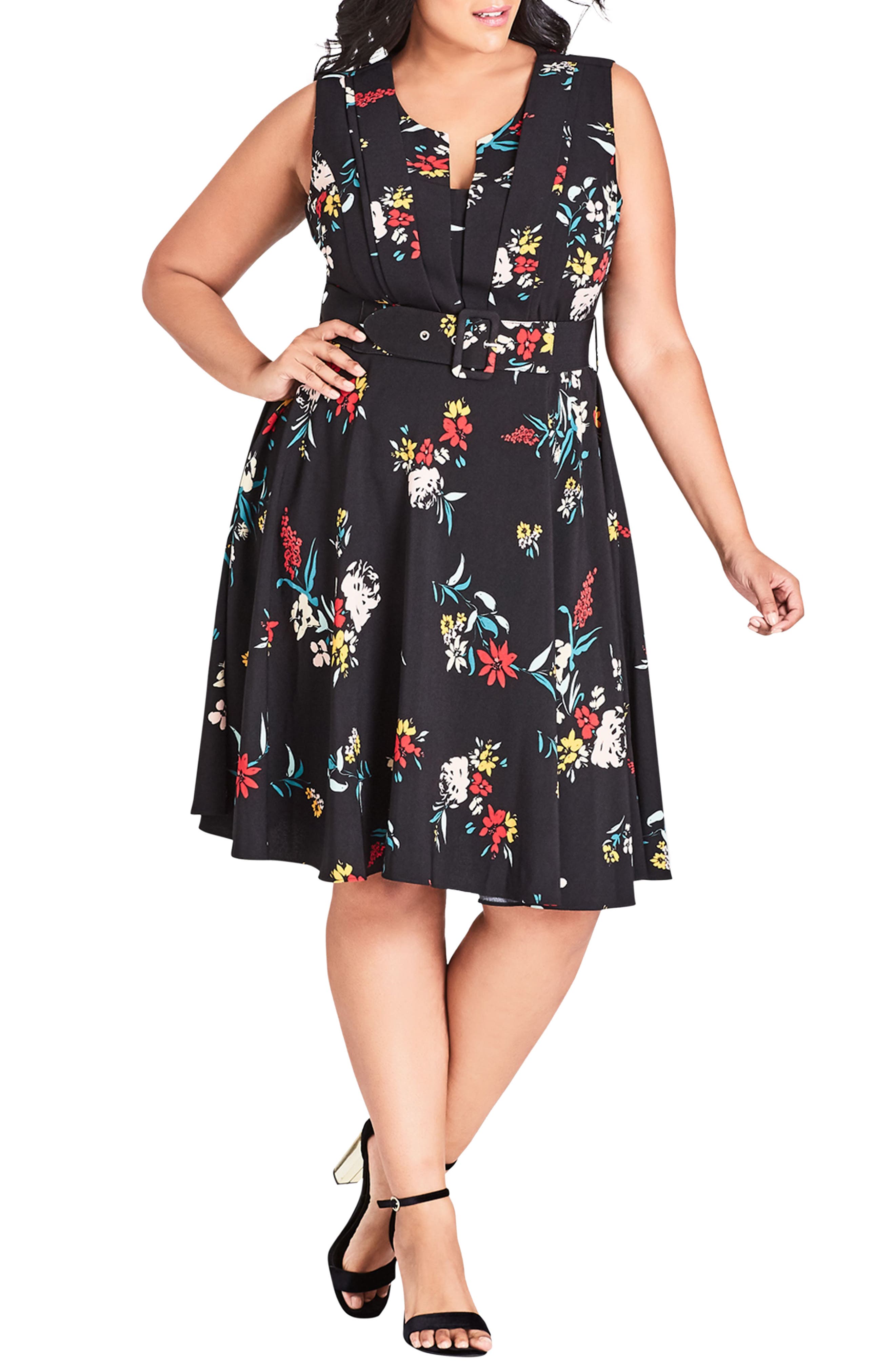 Plus Size City Chic Flowerette Fit & Flare Dress, Black