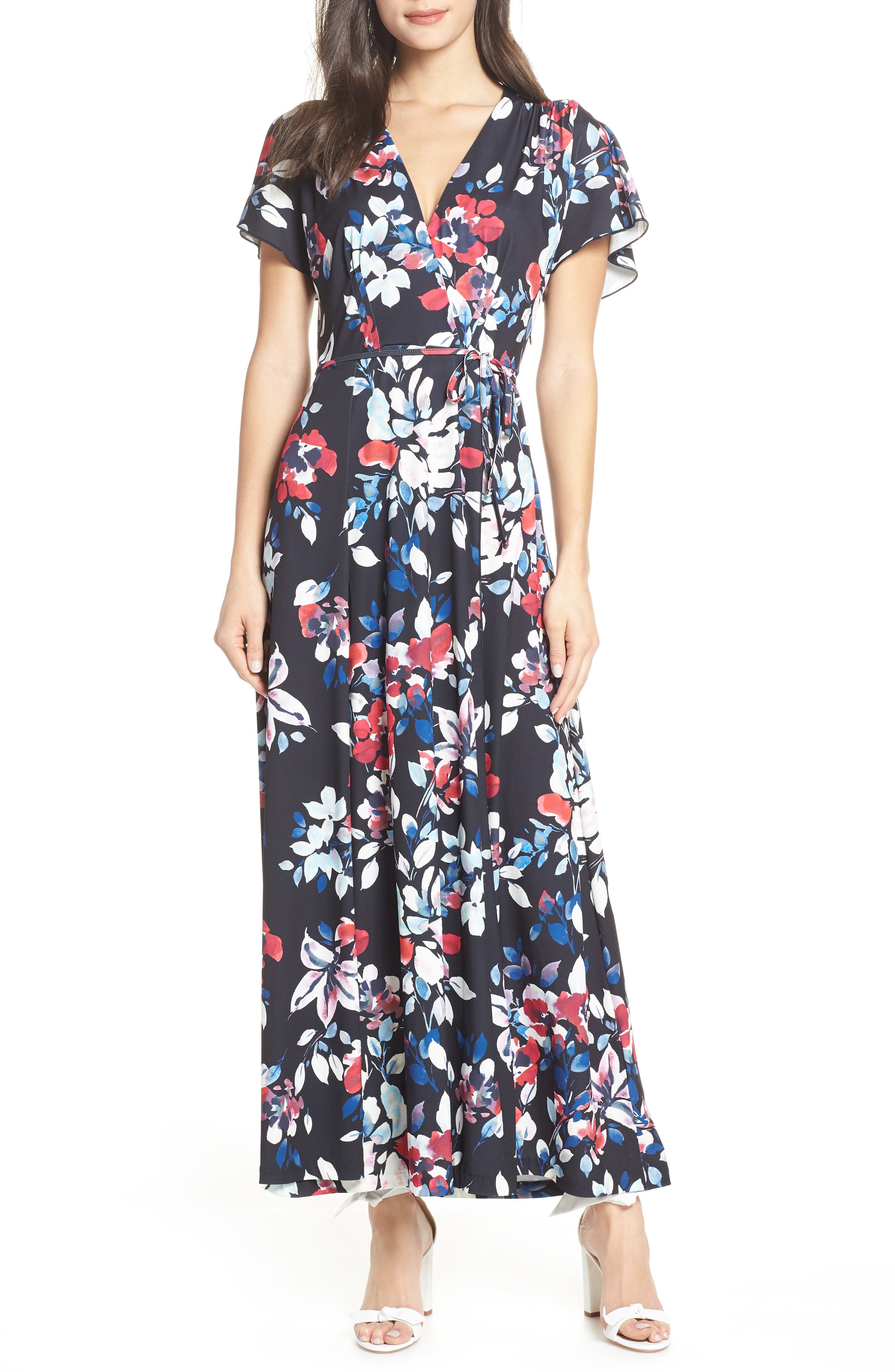 French Connection Linosa Floral Print Faux Wrap Maxi Dress, Blue