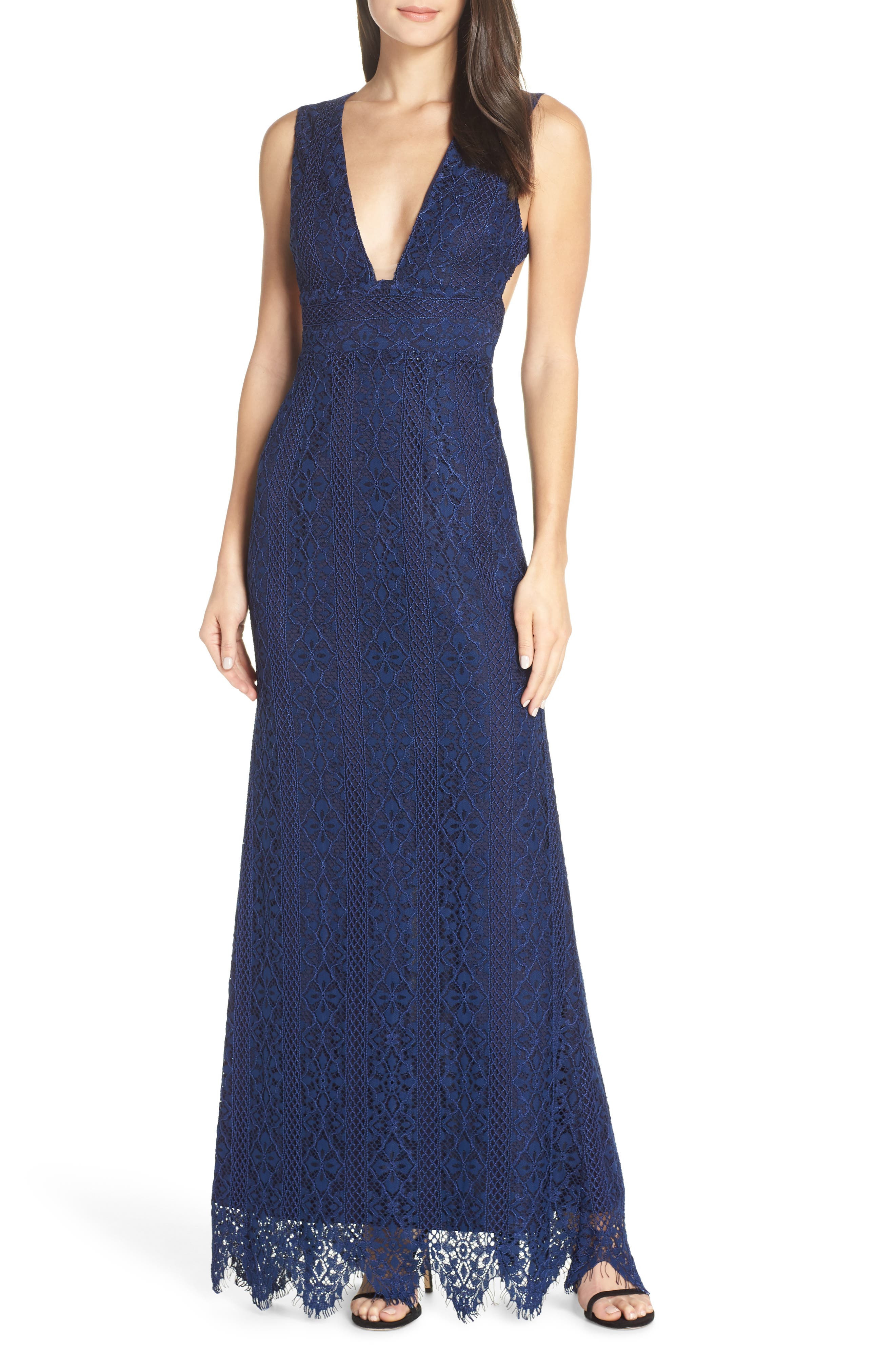 Foxiedox Charlie Plunge Lace Evening Dress, Blue