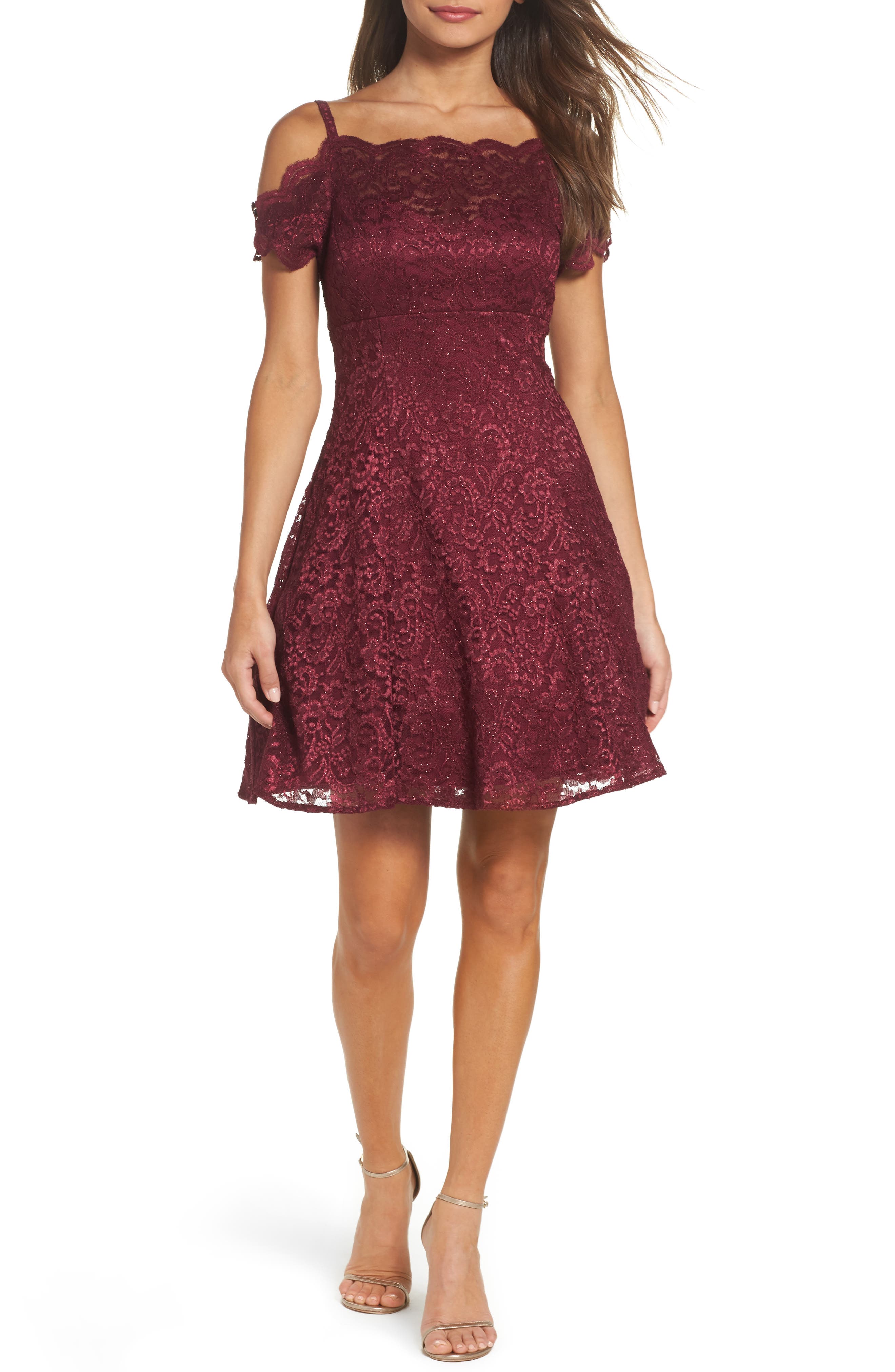 Morgan & Co. Cold Shoulder Glitter Lace Fit & Flare Dress, /4 - Burgundy