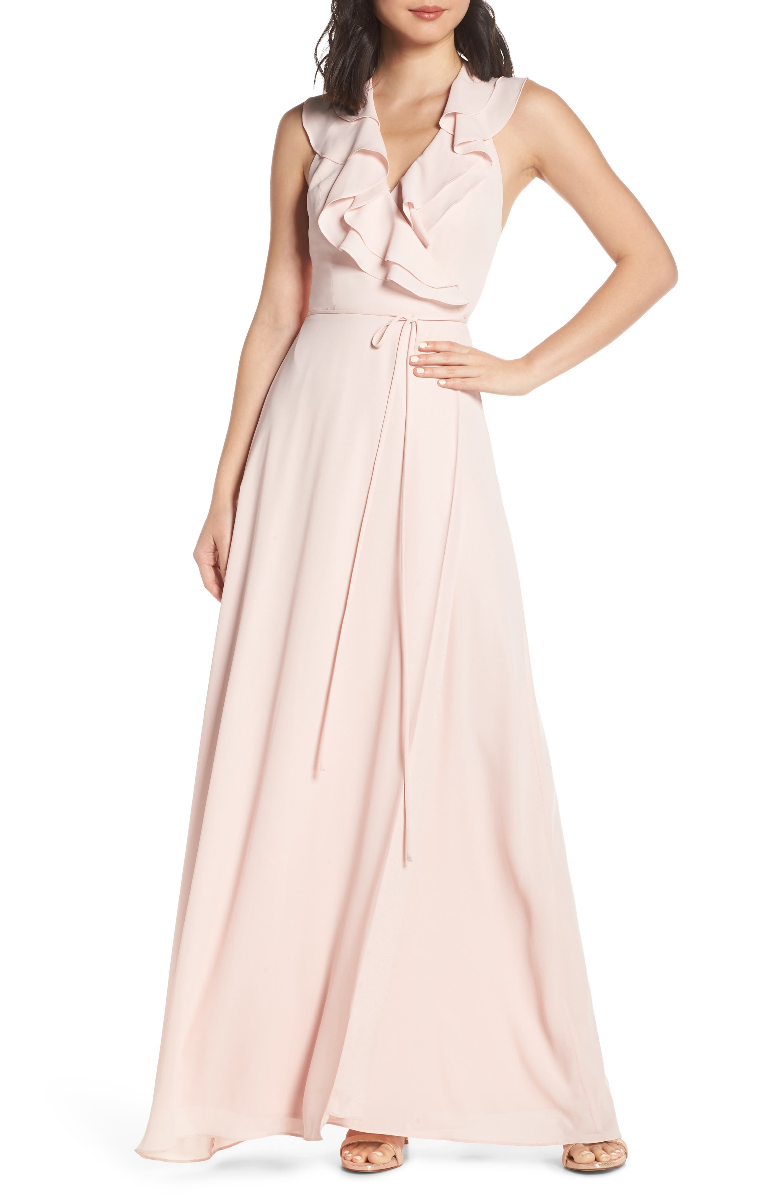 Wayf The Riley Lace-Up Back Wrap Evening Dress, Pink