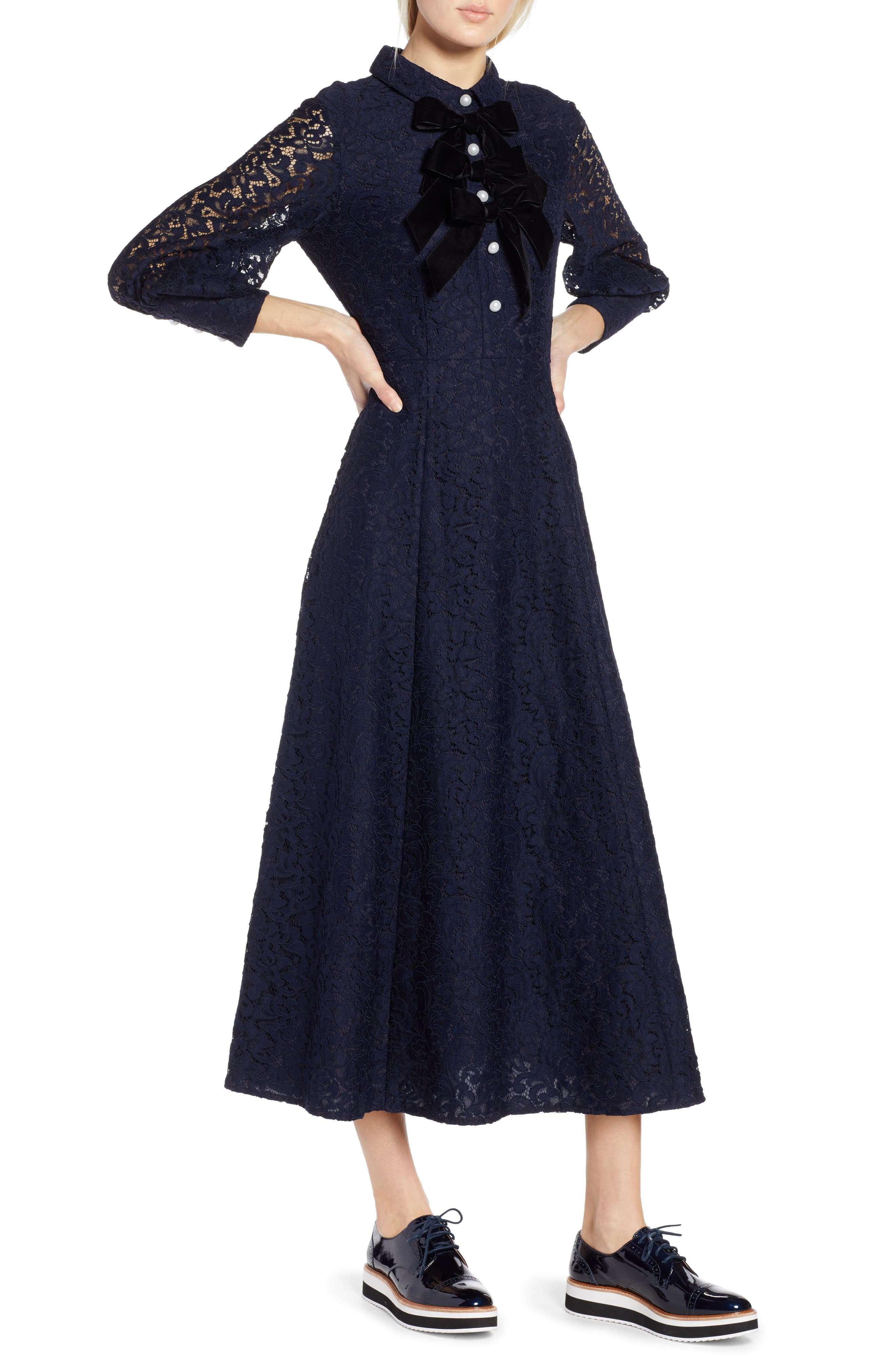 Halogen X Atlantic-Pacific Bow Detail Lace Midi Dress, Blue