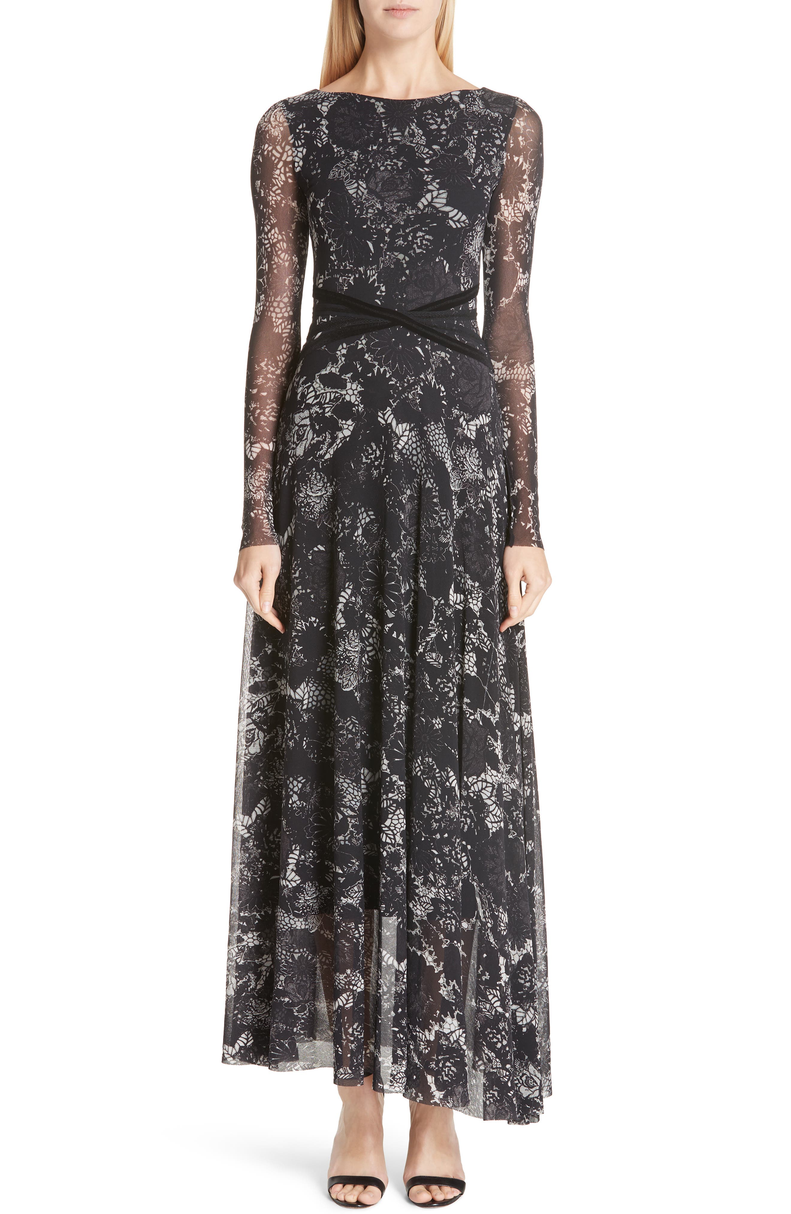 Fuzzi Crisscross Waist Floral Tulle Dress, Black